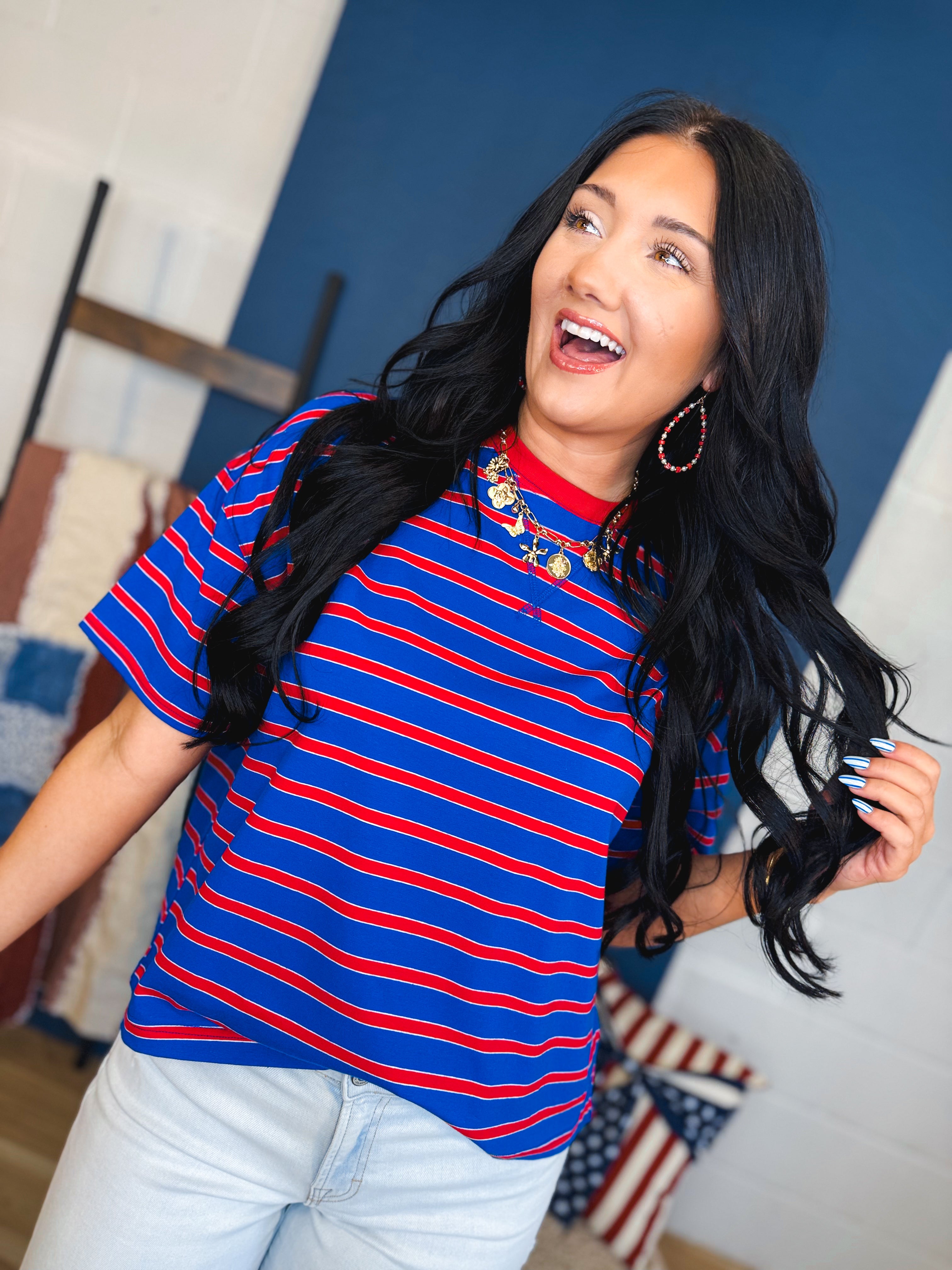 Contrast Striped Knit Tee - Blue/Red - Lace and Grace Boutique