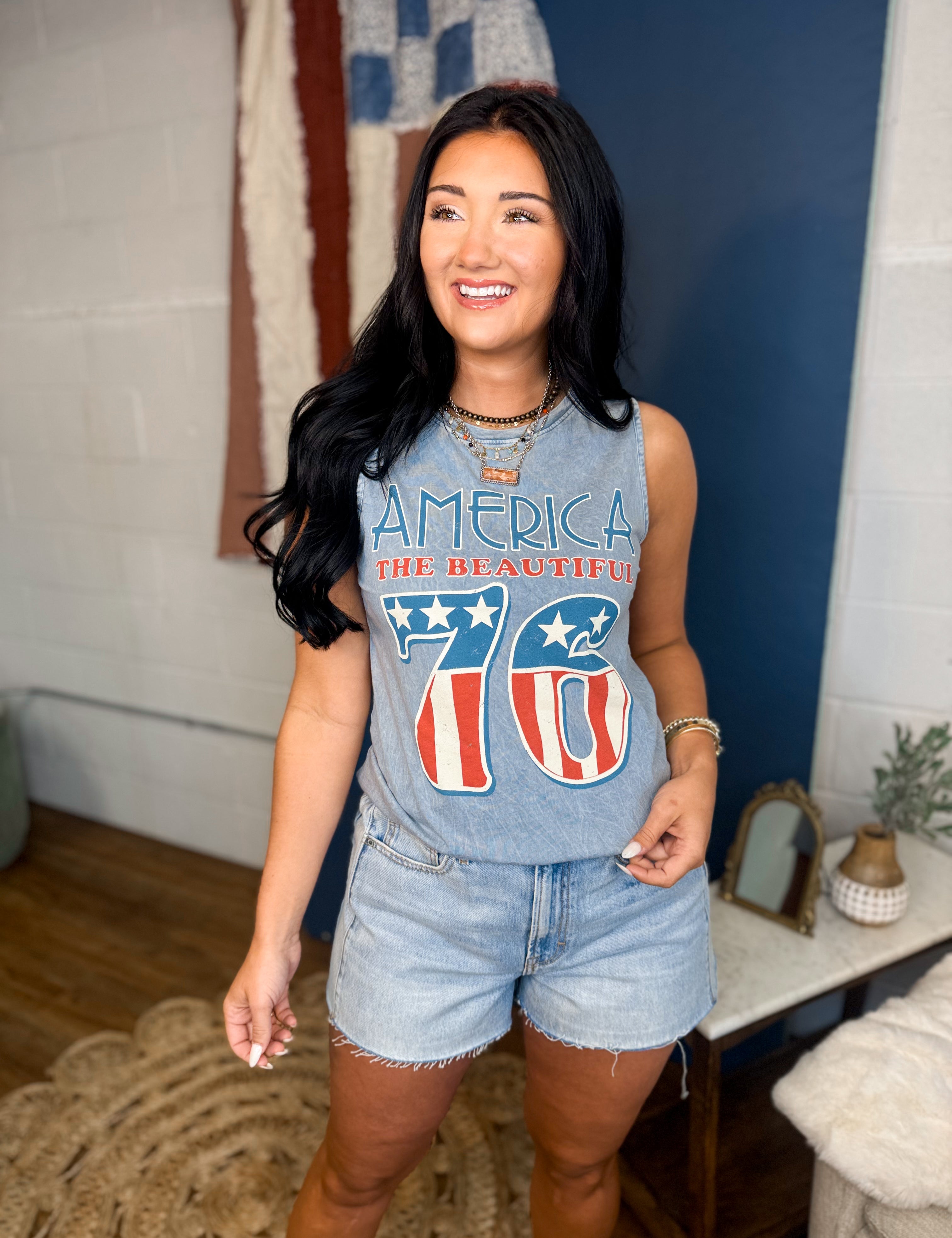 America 76 Graphic Tank Top - Mineral Vintage Blue - Lace and Grace Boutique
