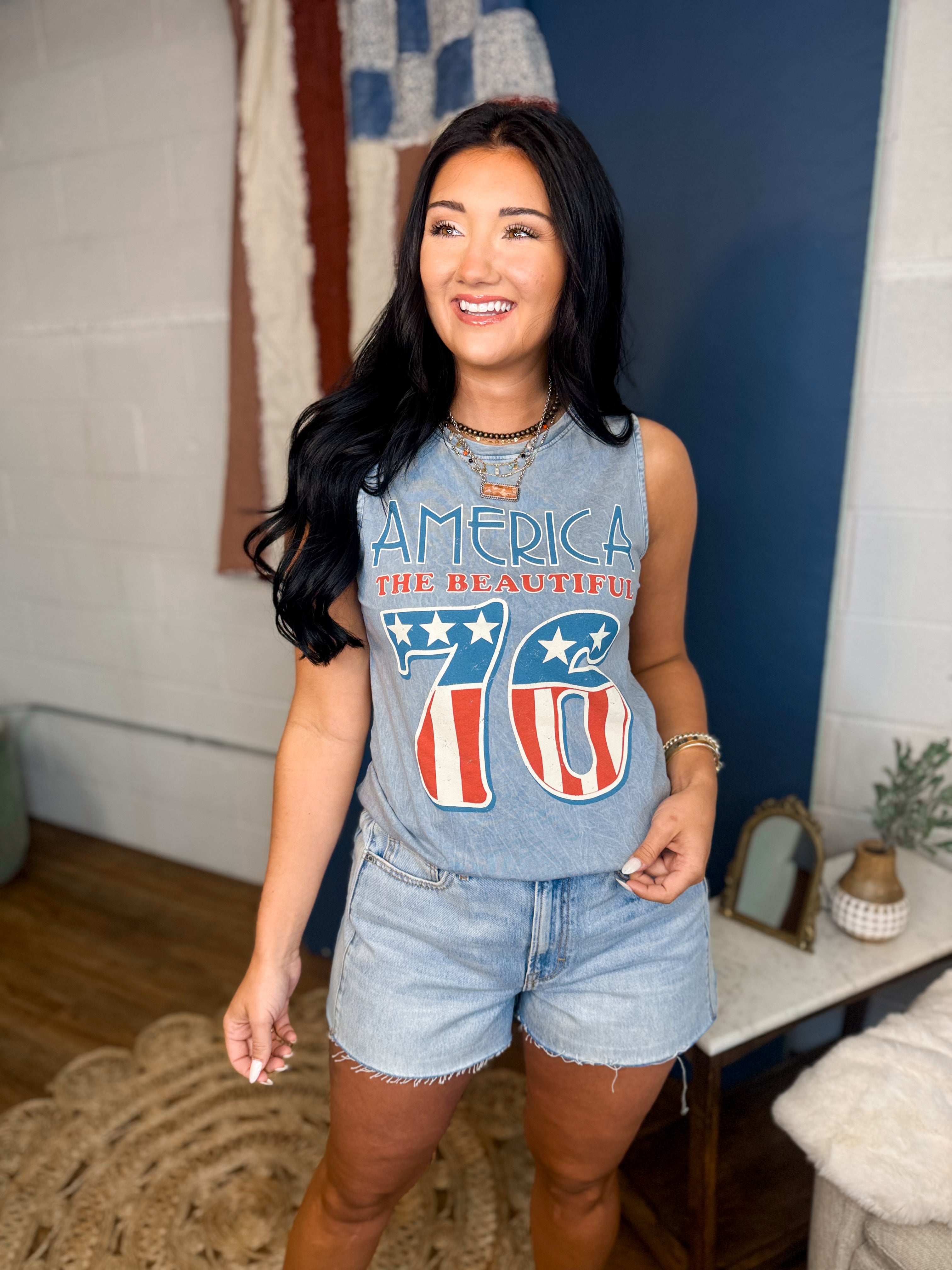 America 76 Graphic Tank Top - Mineral Vintage Blue - Lace and Grace Boutique