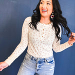 Floral Ribbed Henley Neck Knit Top - Ivory - Lace and Grace Boutique