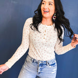 Floral Ribbed Henley Neck Knit Top - Ivory - Lace and Grace Boutique
