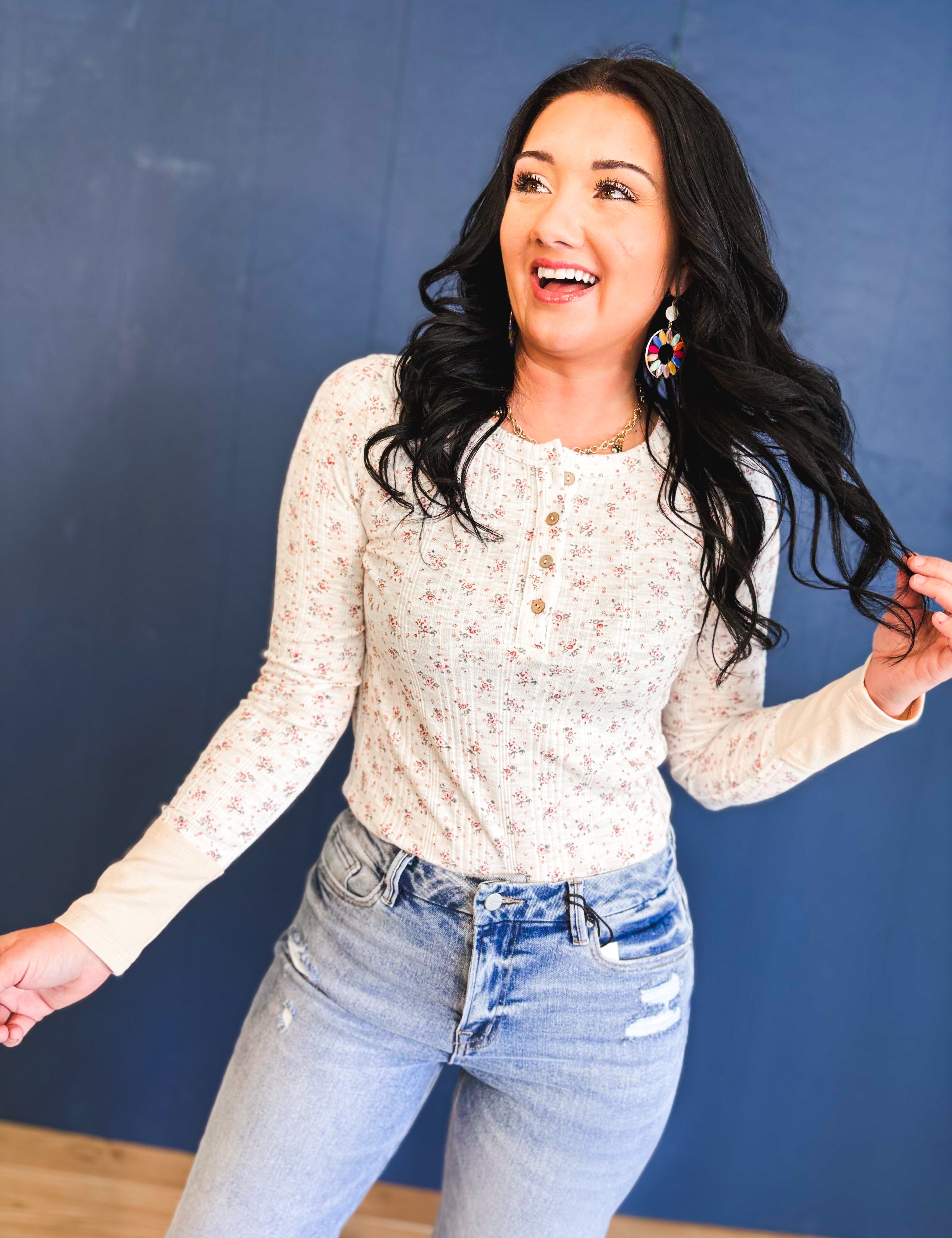 Floral Ribbed Henley Neck Knit Top - Ivory - Lace and Grace Boutique