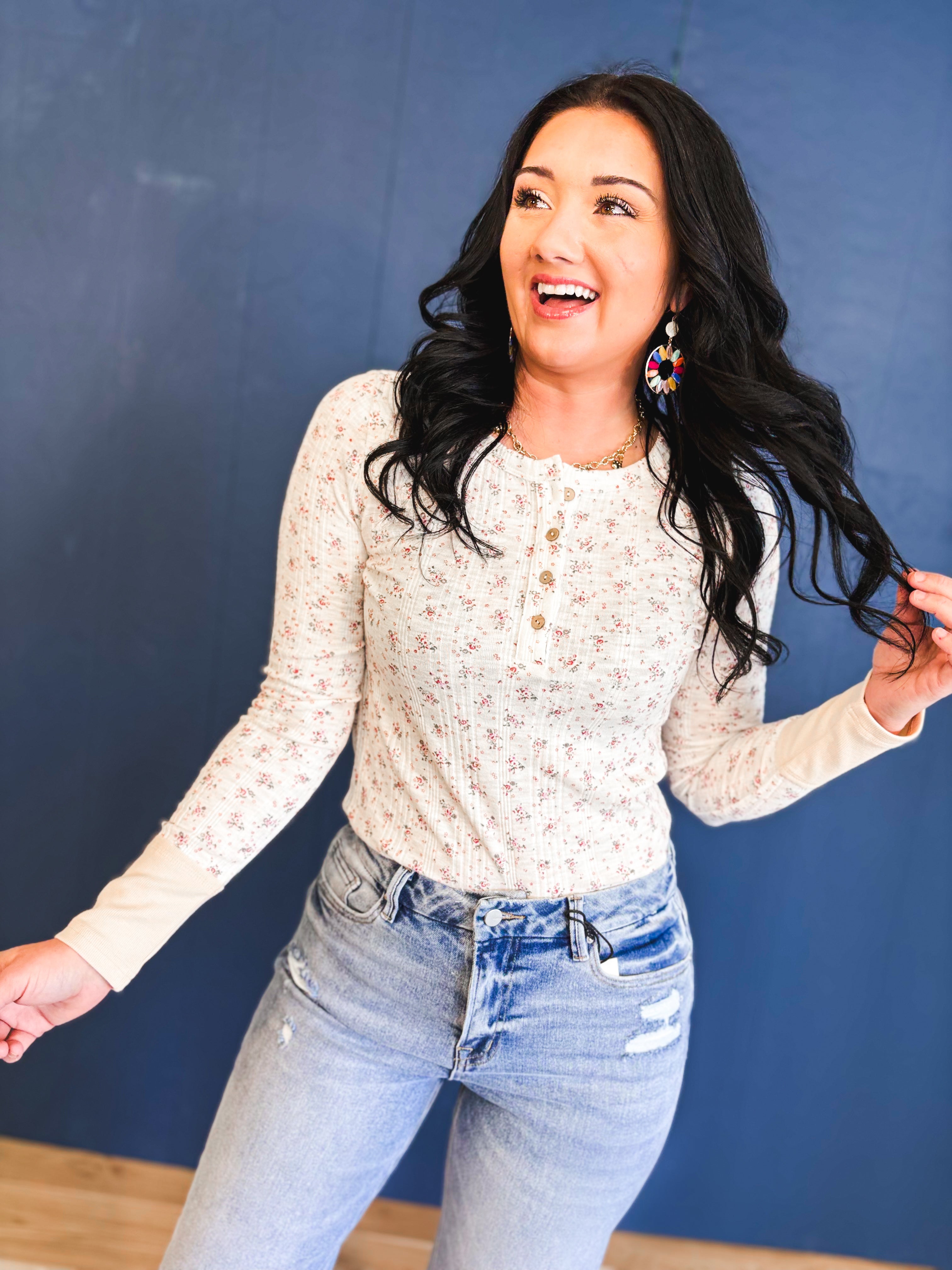 Floral Ribbed Henley Neck Knit Top - Ivory - Lace and Grace Boutique