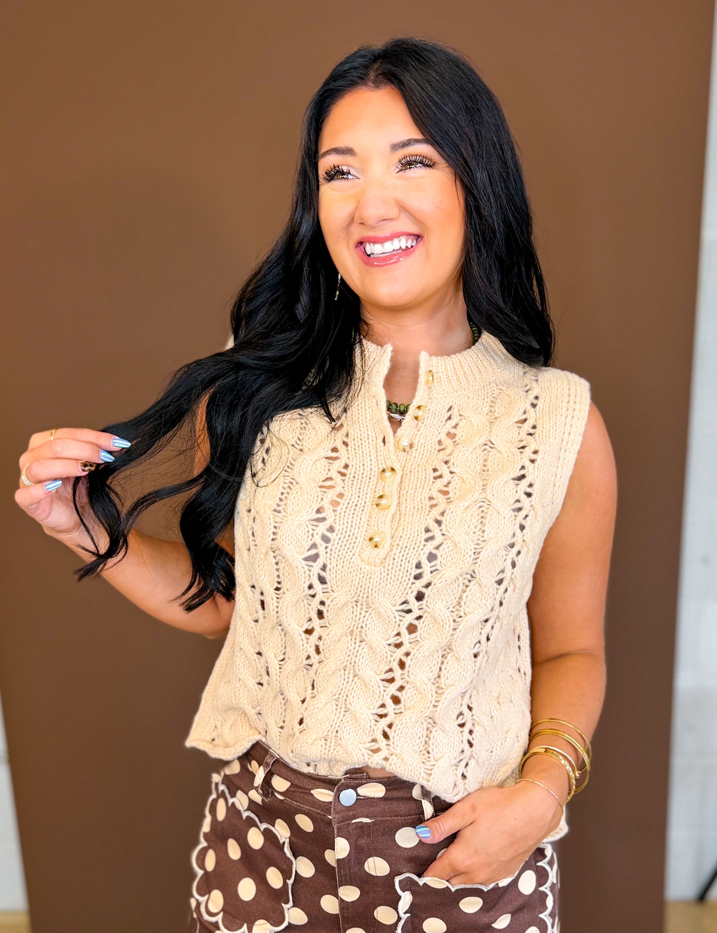 Cable Knit Button Detail Sweater Tank Top - Oatmeal - Lace and Grace Boutique