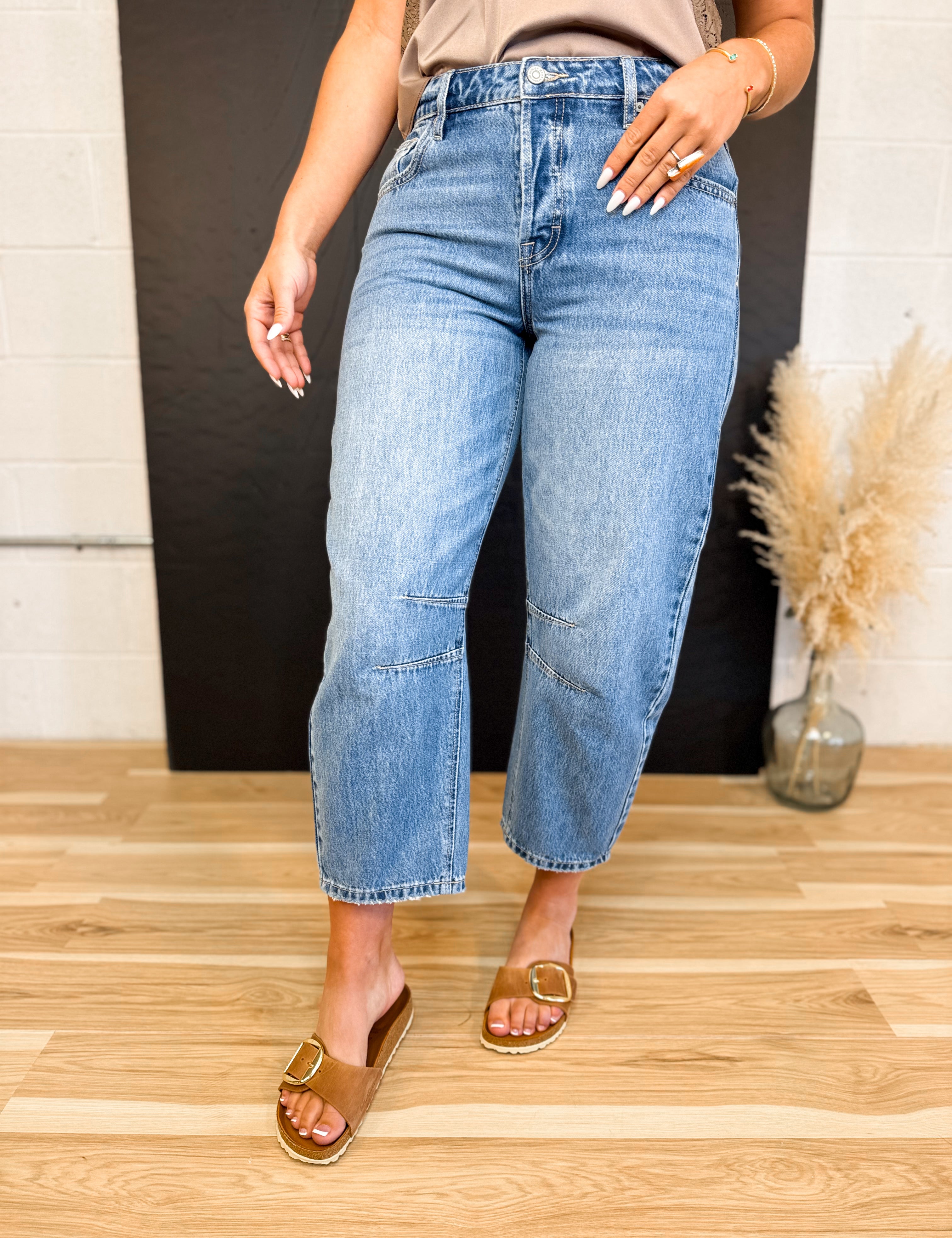 Hidden Crop Barrel Jean - Medium Dark - Lace and Grace Boutique