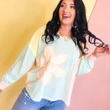 Daisy Patch Color Block Long Sleeve Top - Sky/Orange - Lace and Grace Boutique