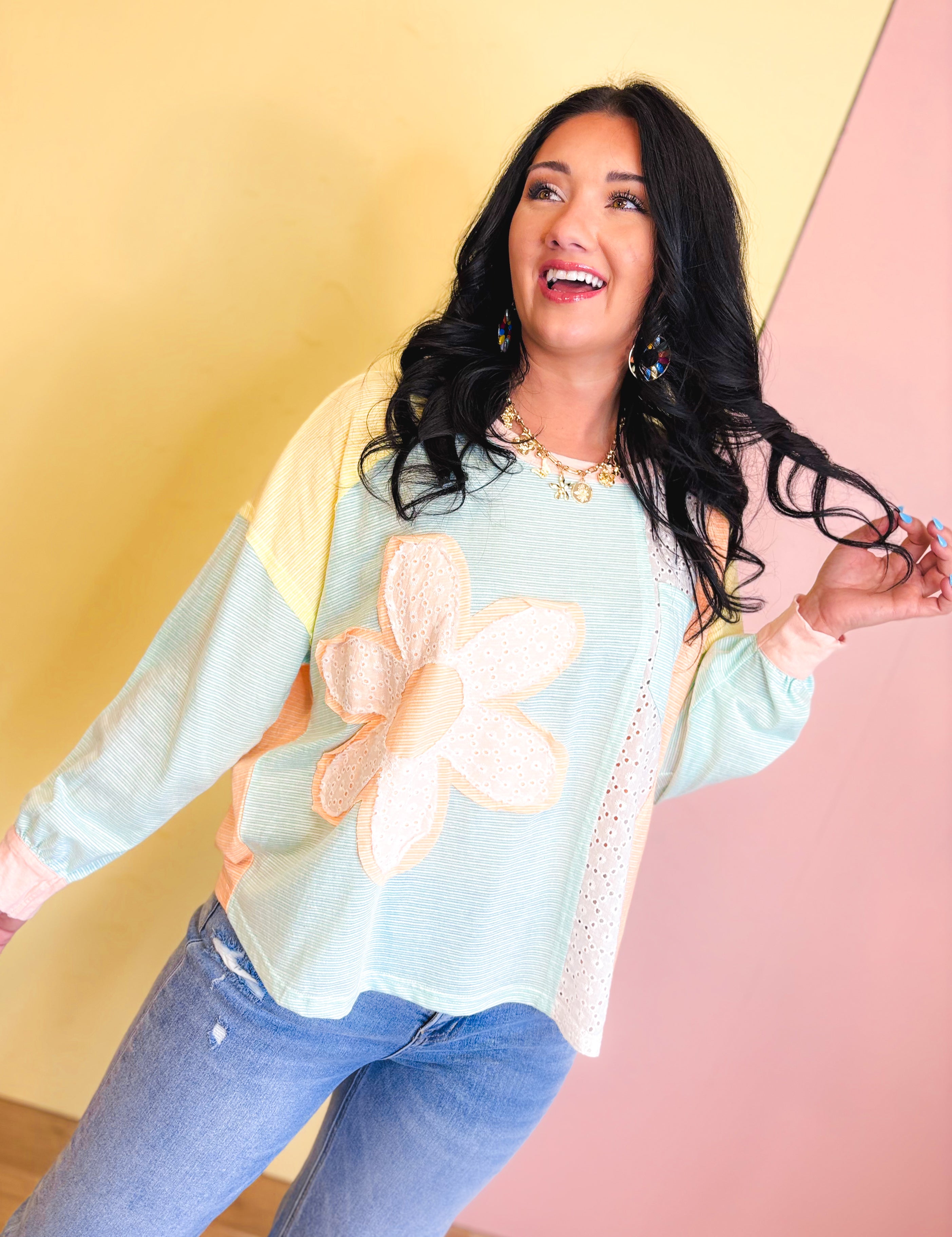 Daisy Patch Color Block Long Sleeve Top - Sky/Orange - Lace and Grace Boutique