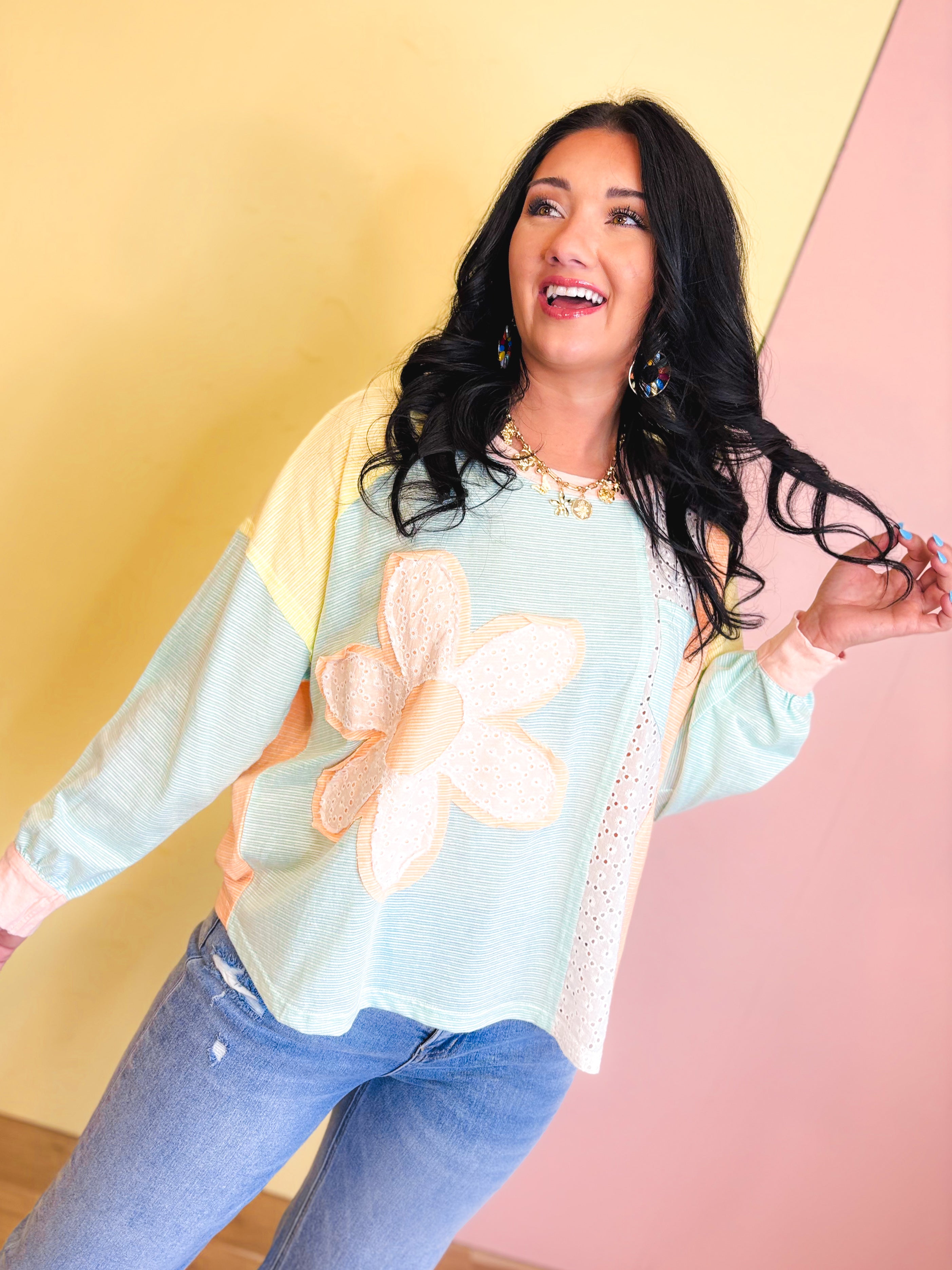 Daisy Patch Color Block Long Sleeve Top - Sky/Orange - Lace and Grace Boutique