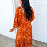 Textured Floral Smocked Maxi Dress - Burnt Orange