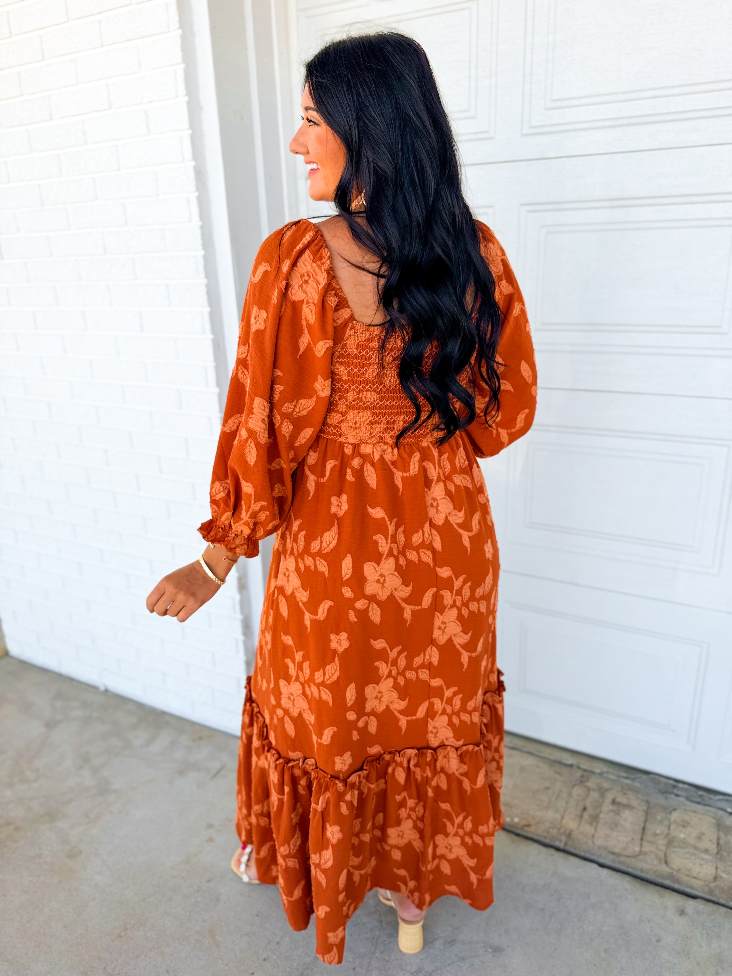 Textured Floral Smocked Maxi Dress - Burnt Orange