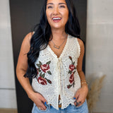 Floral Embroidered Eyelet Tie Front Vest - Cream