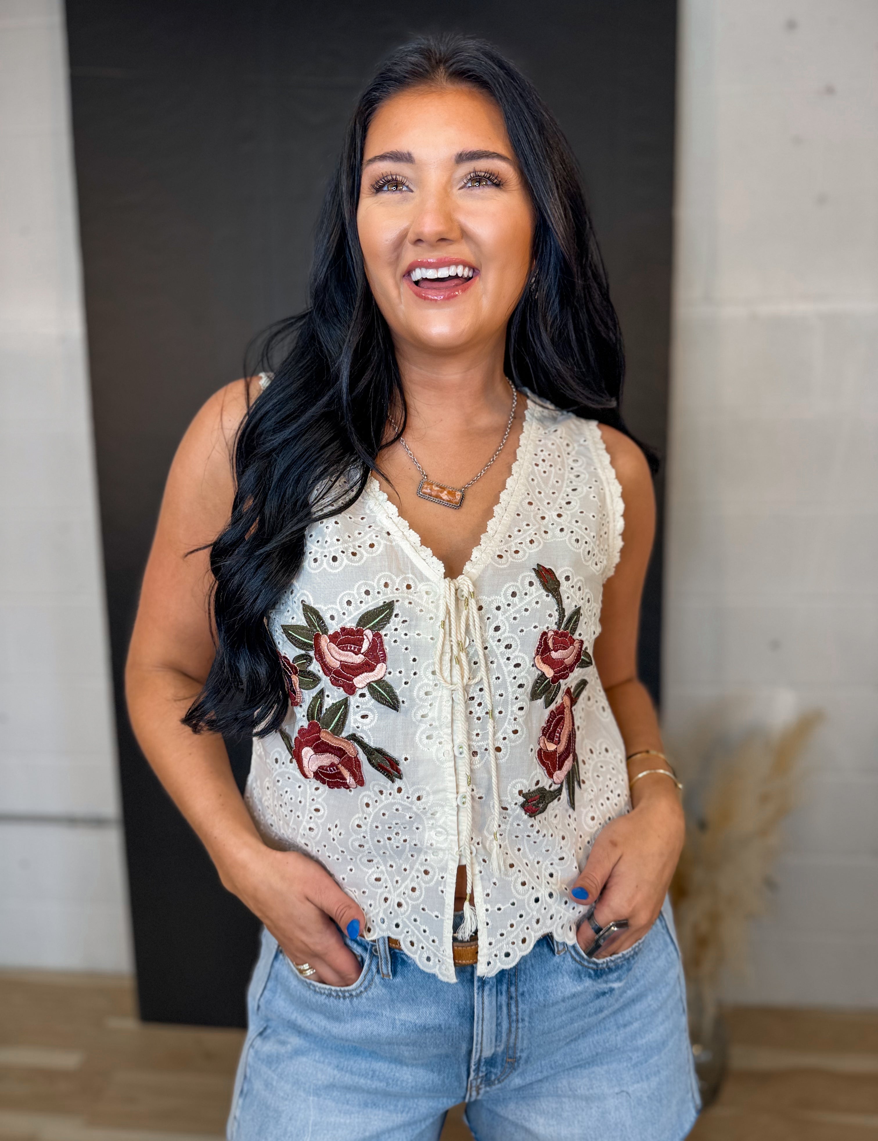 Floral Embroidered Eyelet Tie Front Vest - Cream - Lace and Grace Boutique