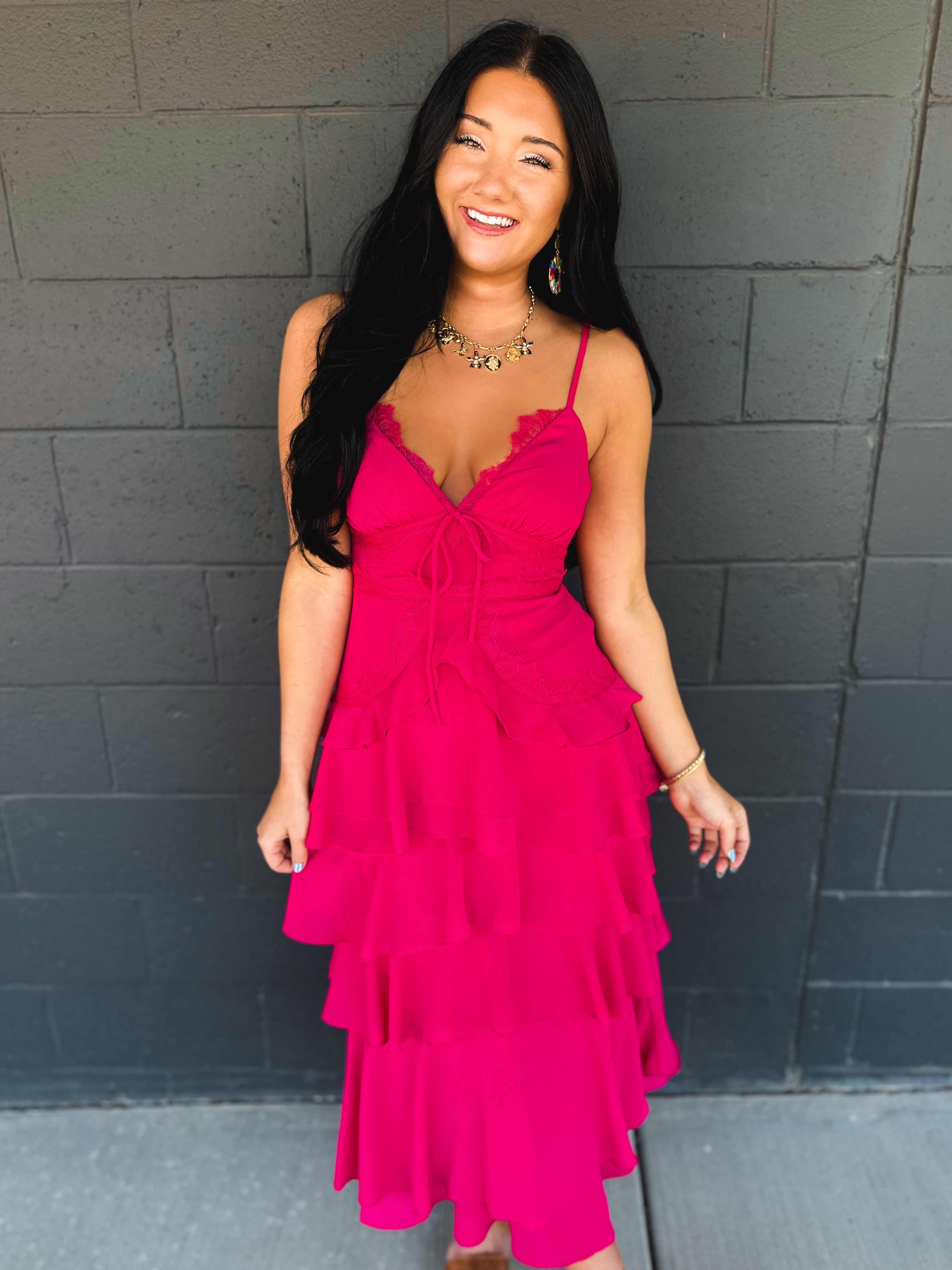 Lace Trim Tiered Midi Dress - Hot Pink - Lace and Grace Boutique