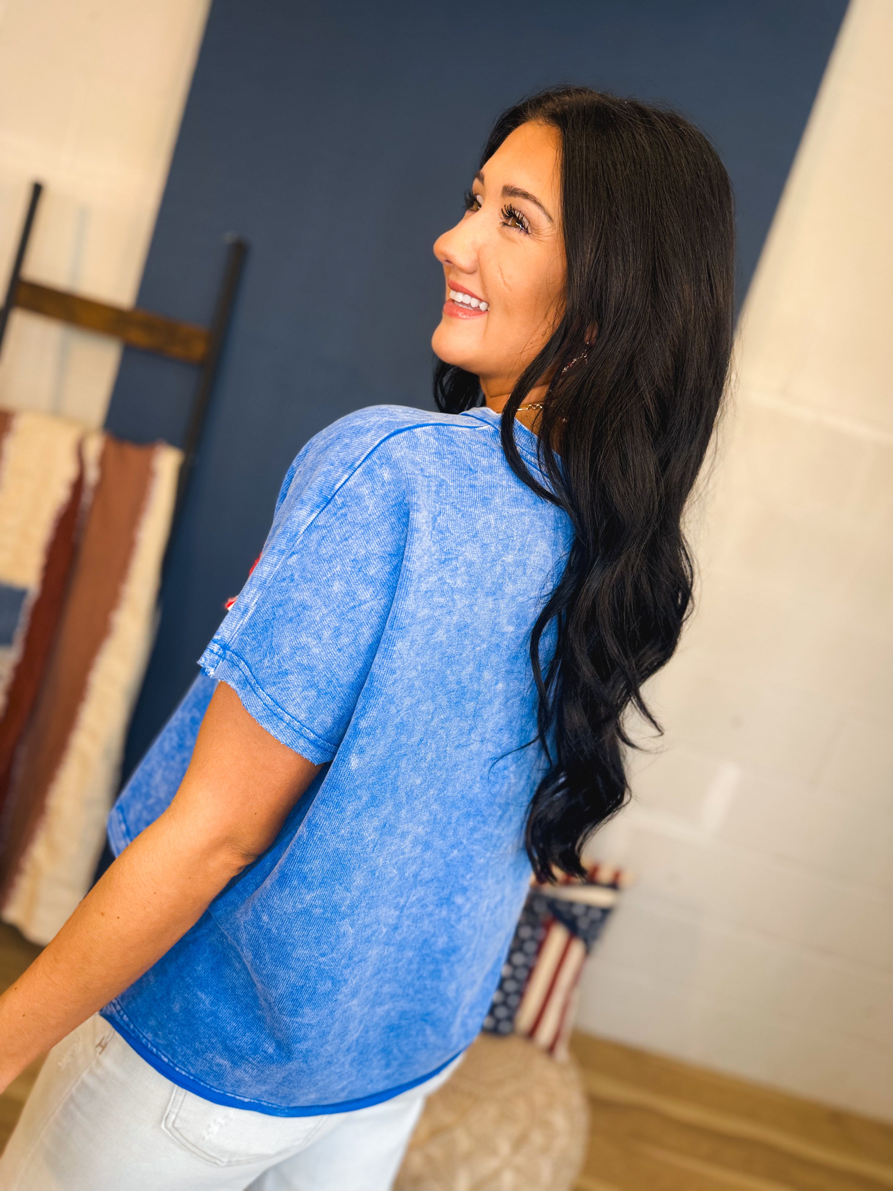 Mineral Washed USA Patch Knit Top - Washed Blue - Lace and Grace Boutique