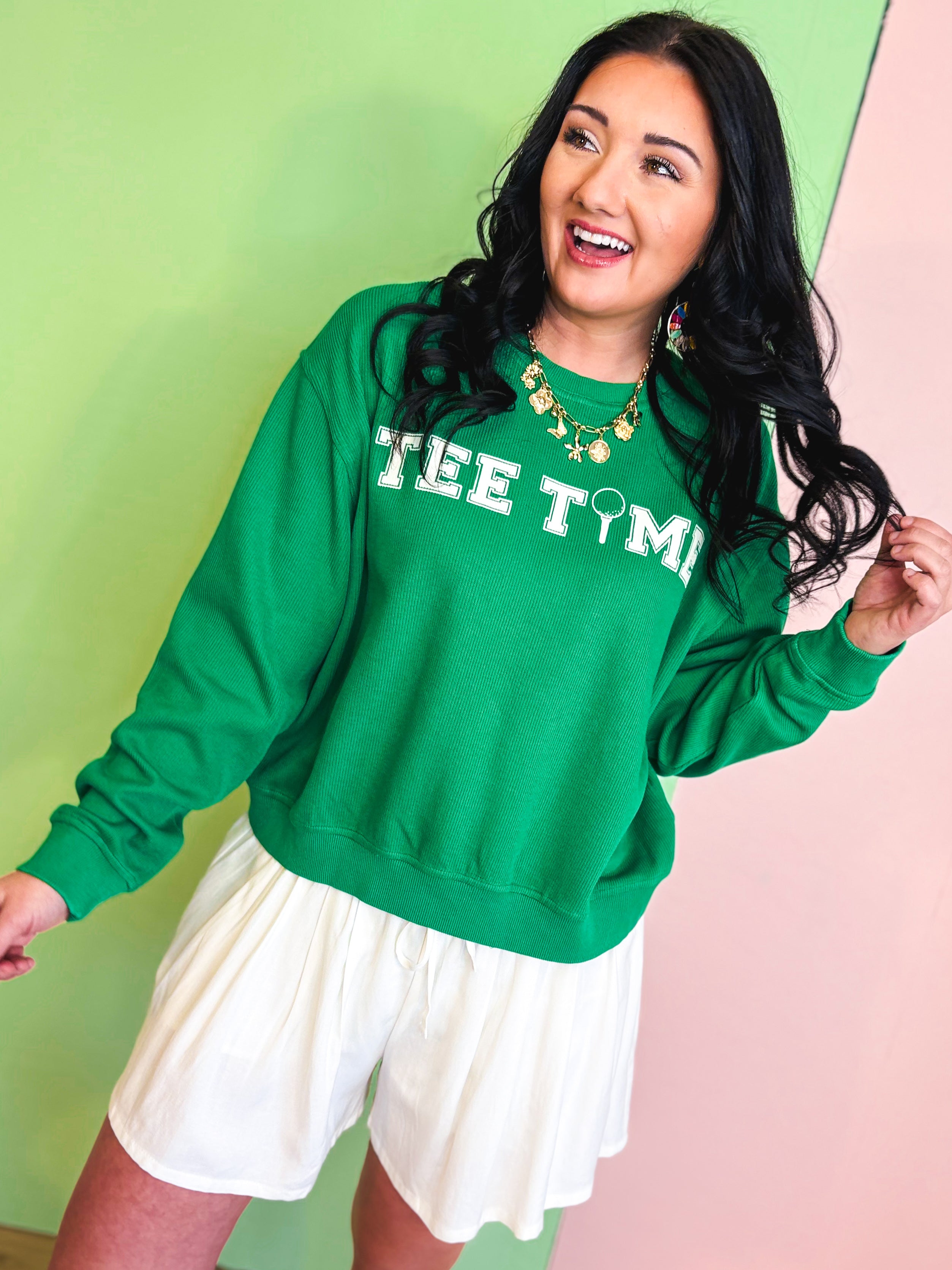 Tee Time Long Sleeve Knit Top - Green/White - Lace and Grace Boutique