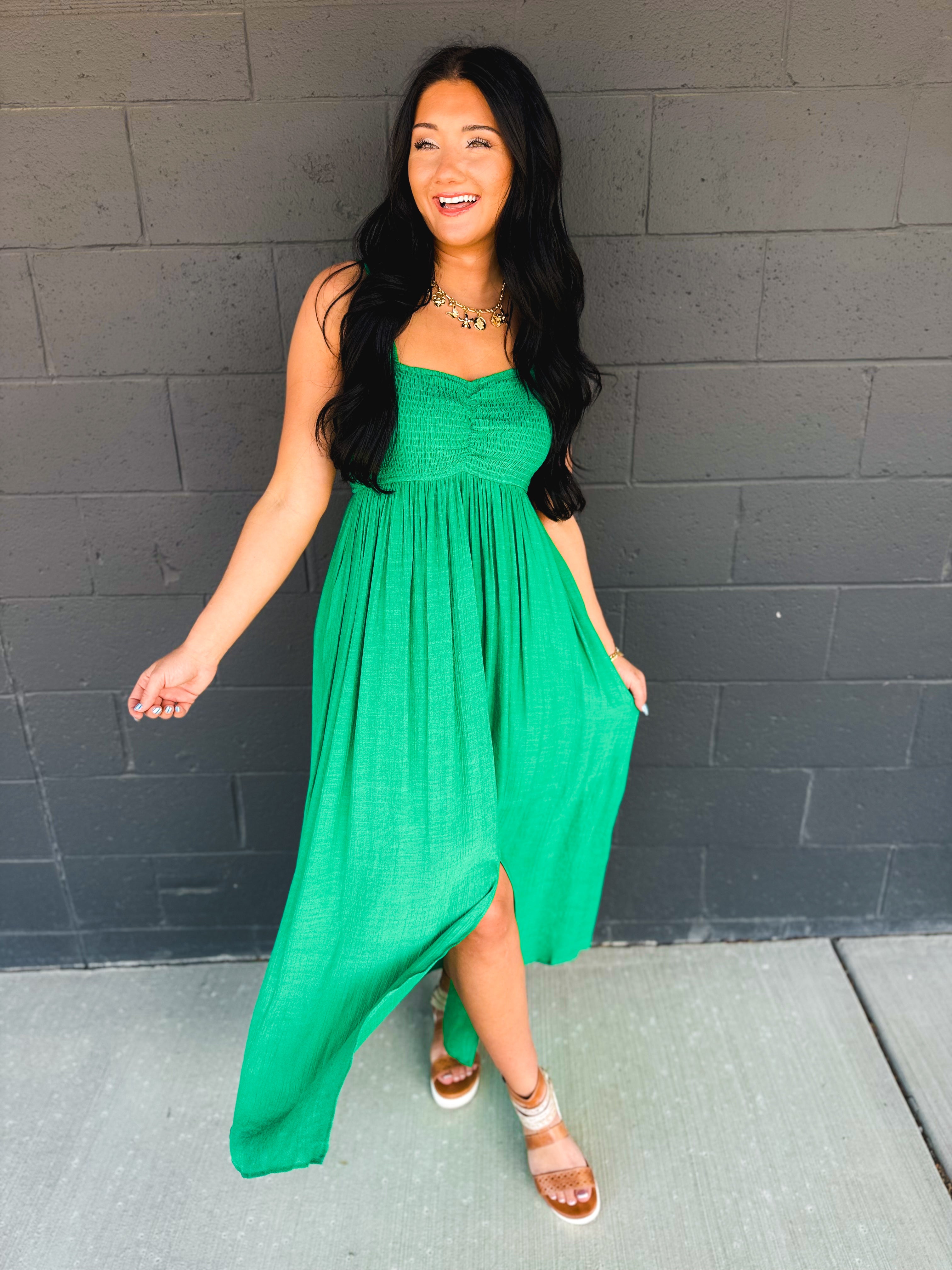 Ruffle Sleeve Front Slit Maxi Dress - Green - Lace and Grace Boutique