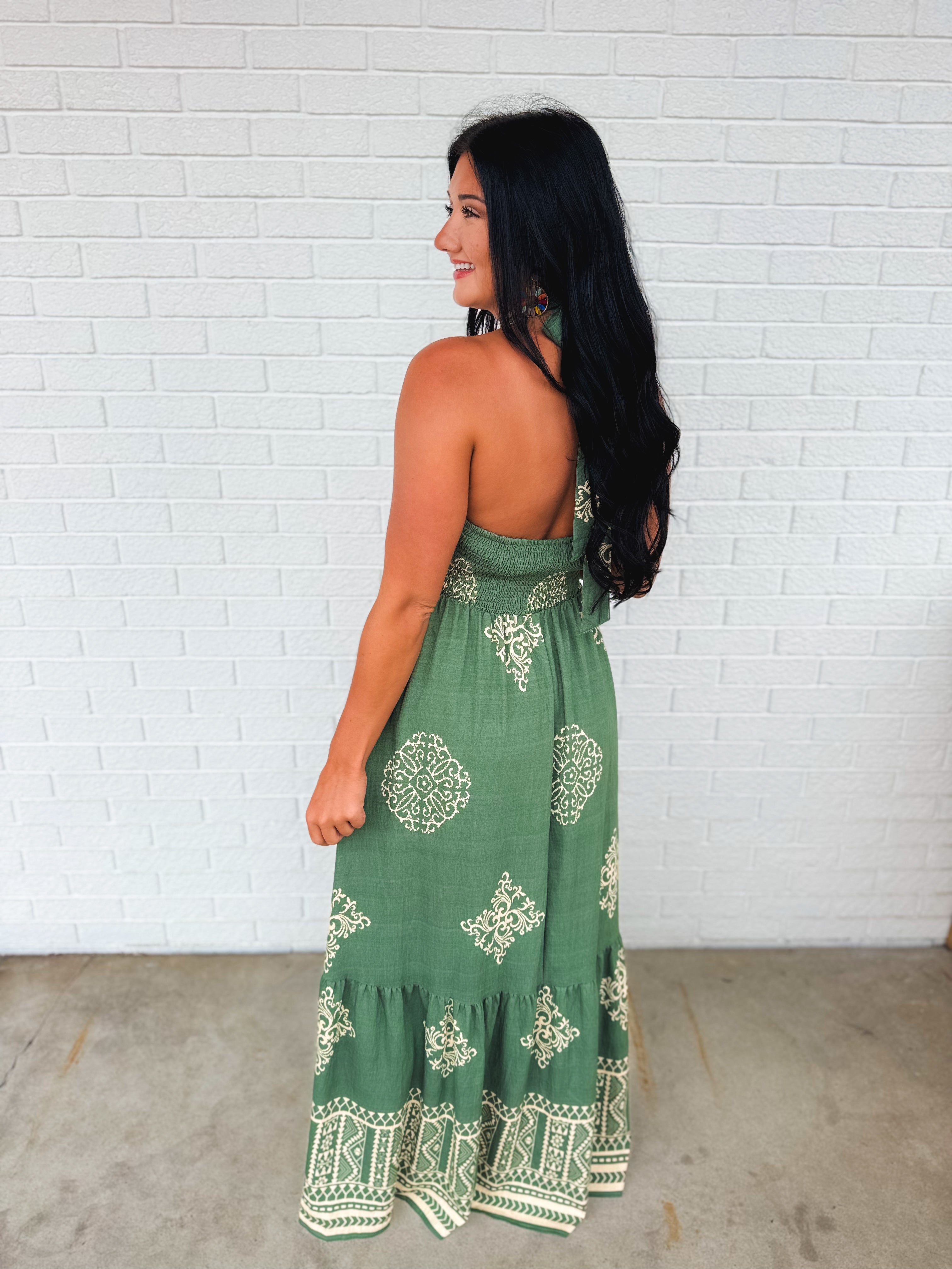 Smocked Border Print Maxi Dress - Rich Teal - Lace and Grace Boutique