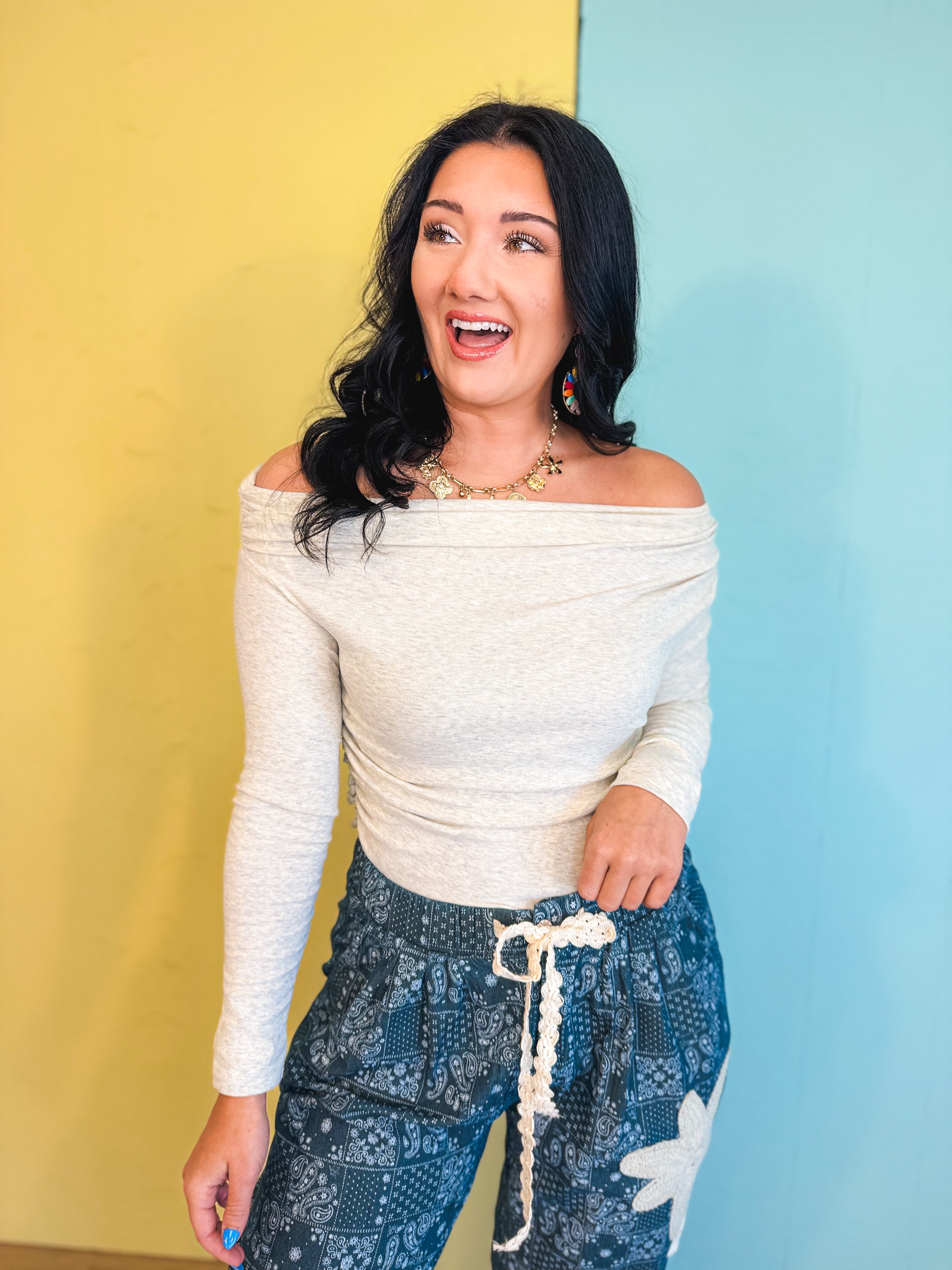 One Shoulder Ruched Knit Top - Oatmeal - Lace and Grace Boutique