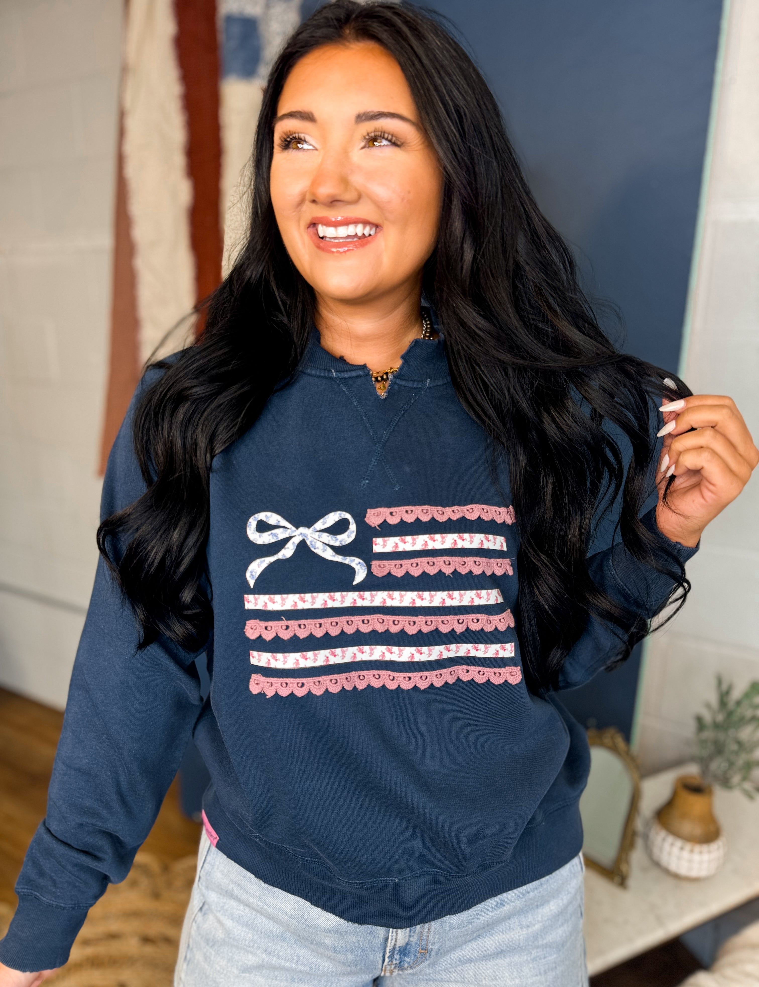 Simply Southern Ribbon Flag Crewneck Sweatshirt - Navy - Lace and Grace Boutique