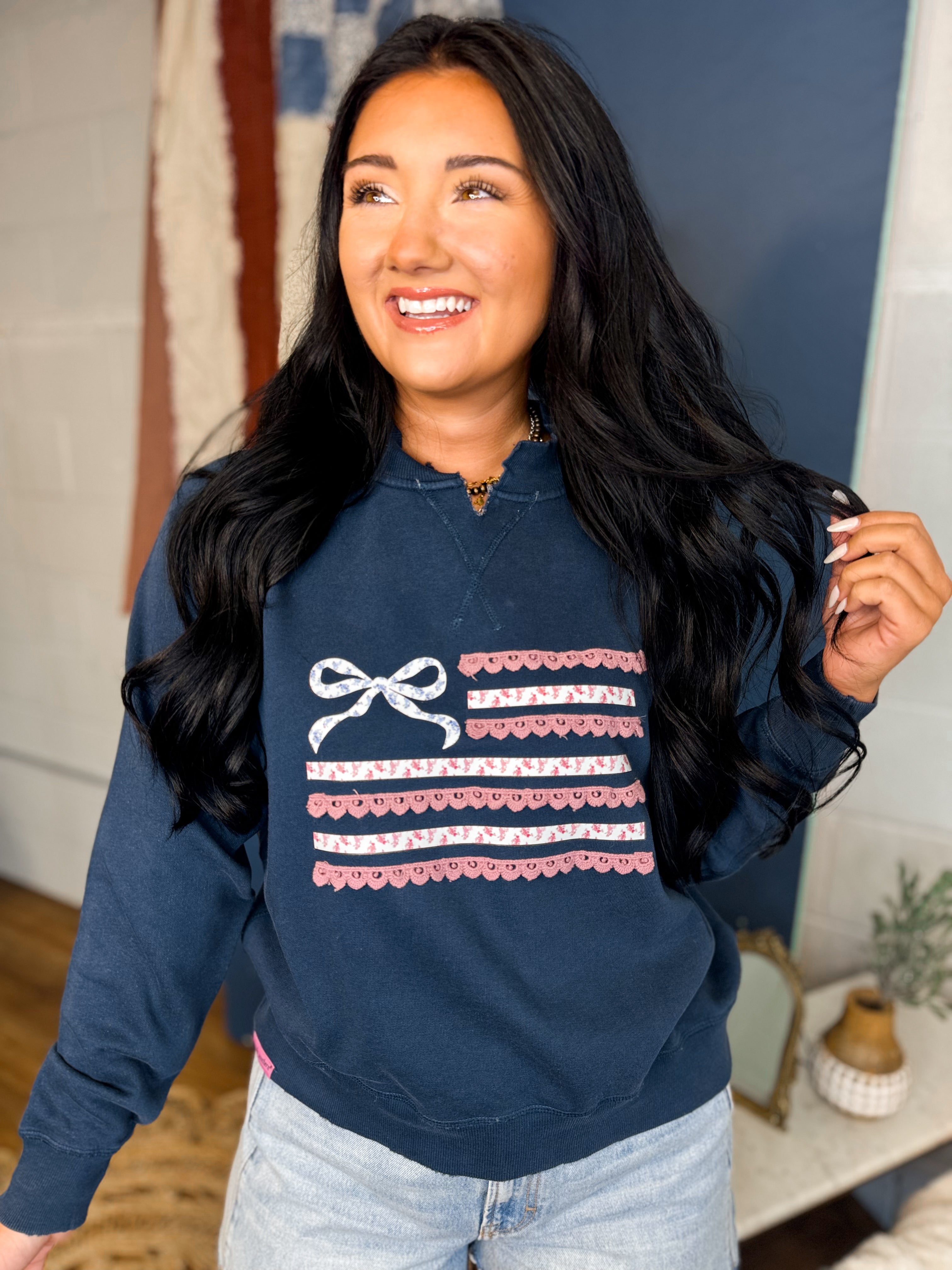 Simply Southern Ribbon Flag Crewneck Sweatshirt - Navy - Lace and Grace Boutique