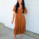 Smocked Washed Satin Tiered Maxi Dress - Sepia