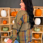Mixed Media Plaid Button Detail Top - Olive - Lace and Grace Boutique