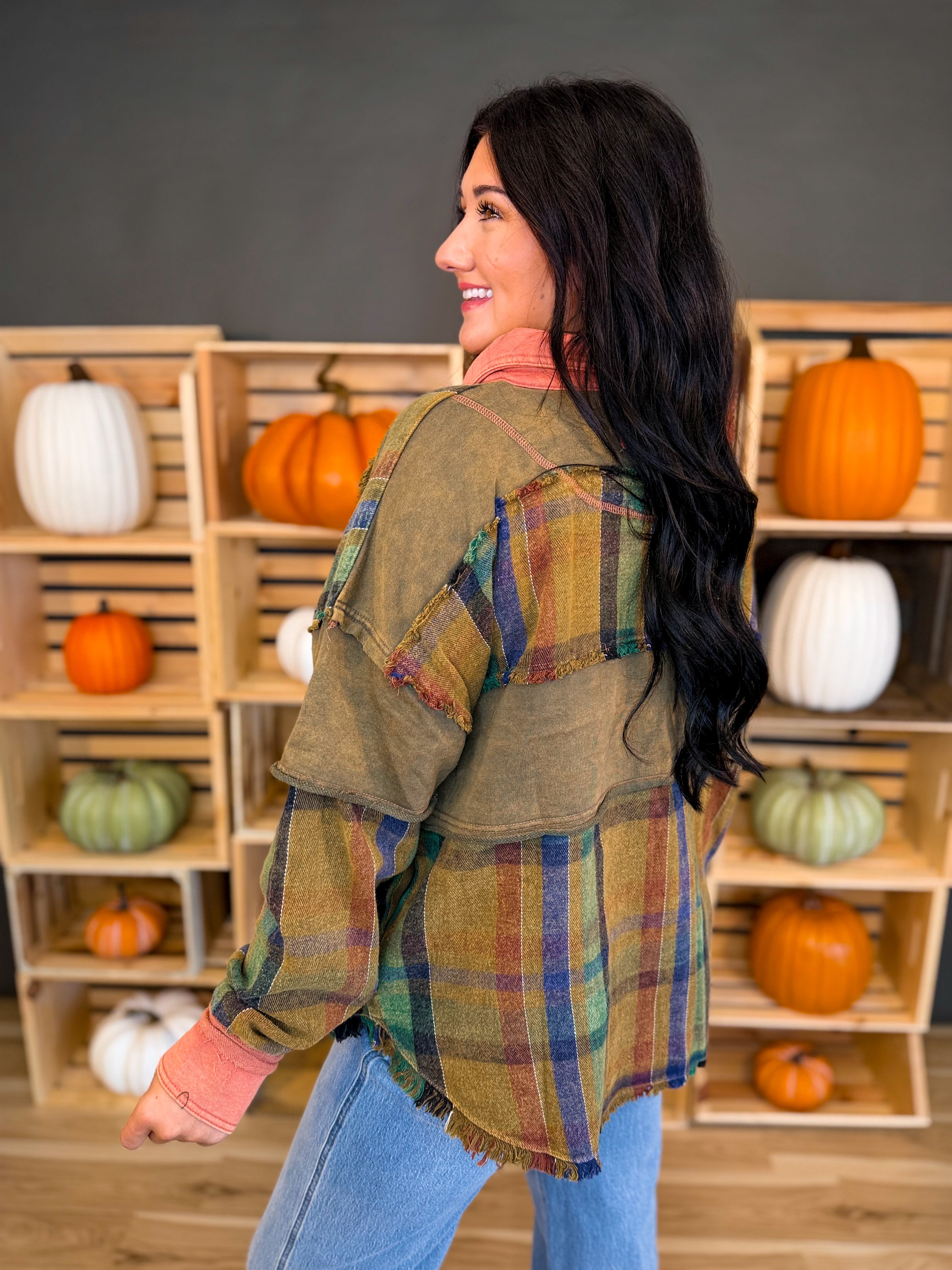 Mixed Media Plaid Button Detail Top - Olive - Lace and Grace Boutique