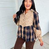 Floral & Plaid Patchwork Button Down Top - Navy Combo