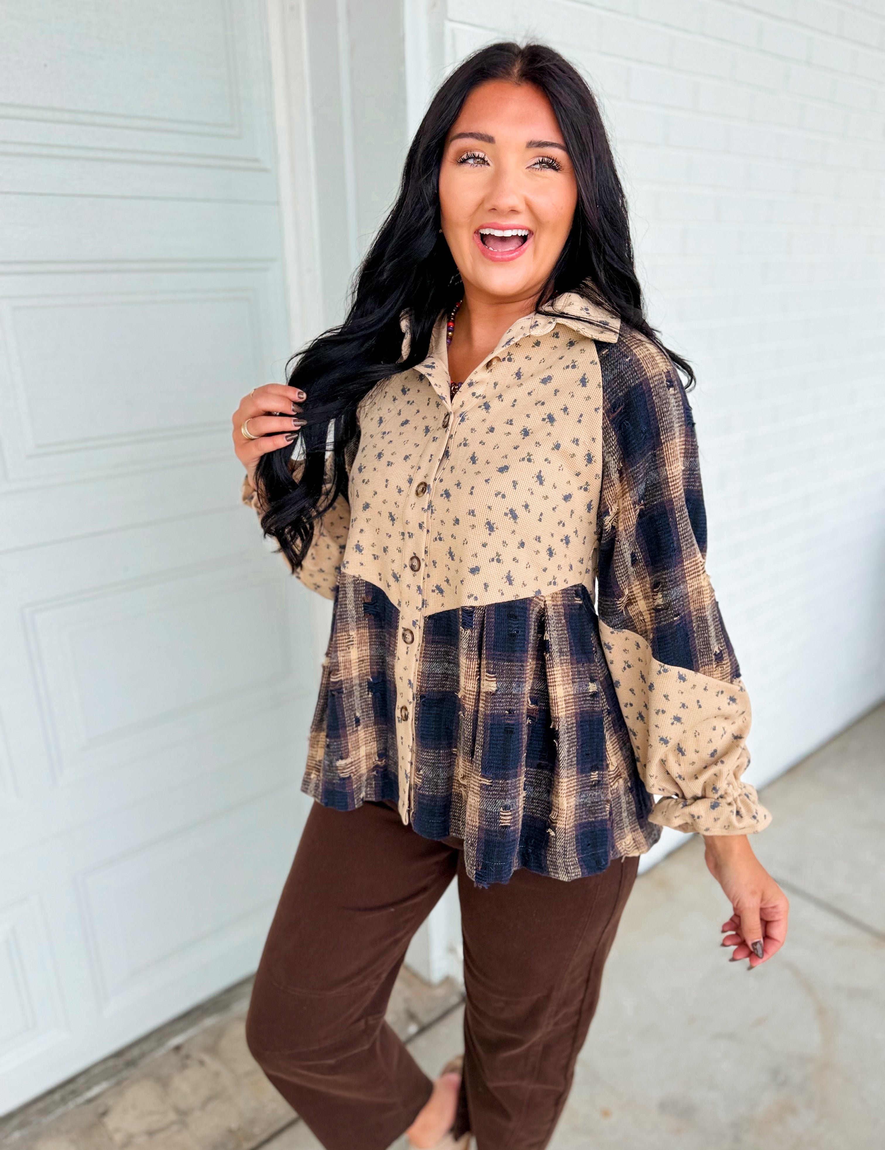 Floral & Plaid Patchwork Button Down Top - Navy Combo - Lace and Grace Boutique