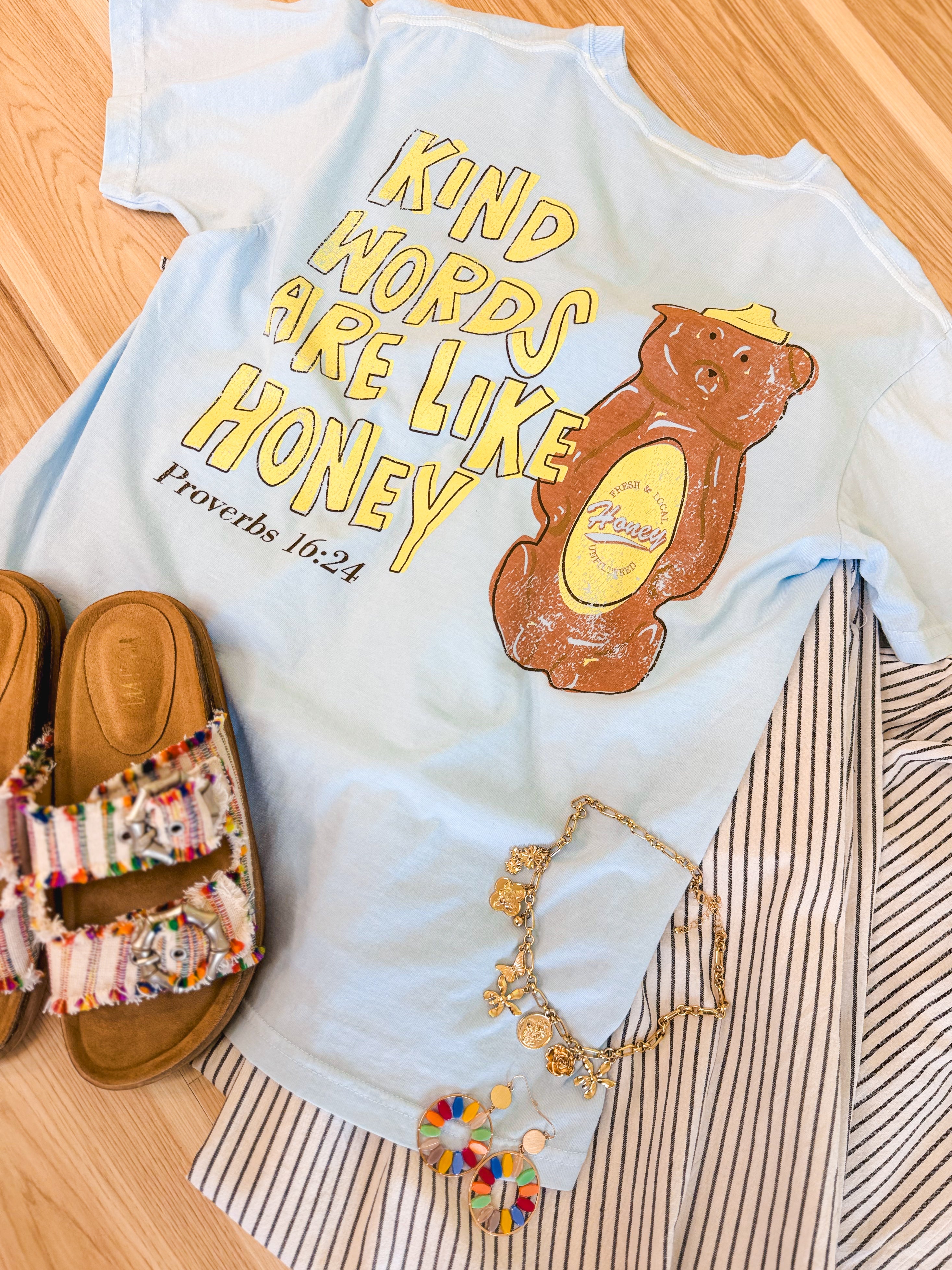 Kind Words Honey Bear Graphic Tee - Chambray - Lace and Grace Boutique