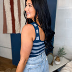 Striped Sleeveless Padded Knit Tank Top - Navy - Lace and Grace Boutique