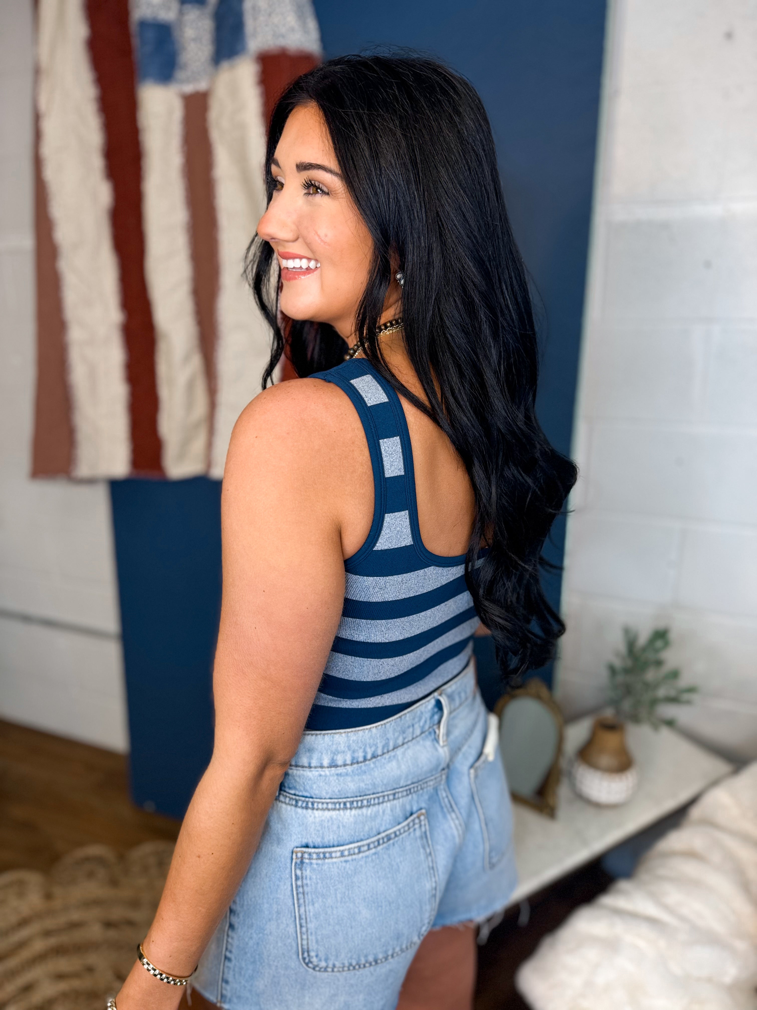 Striped Sleeveless Padded Knit Tank Top - Navy - Lace and Grace Boutique