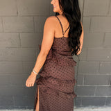 Cascading Ruffle Polka Dot Midi Dress - Chocolate