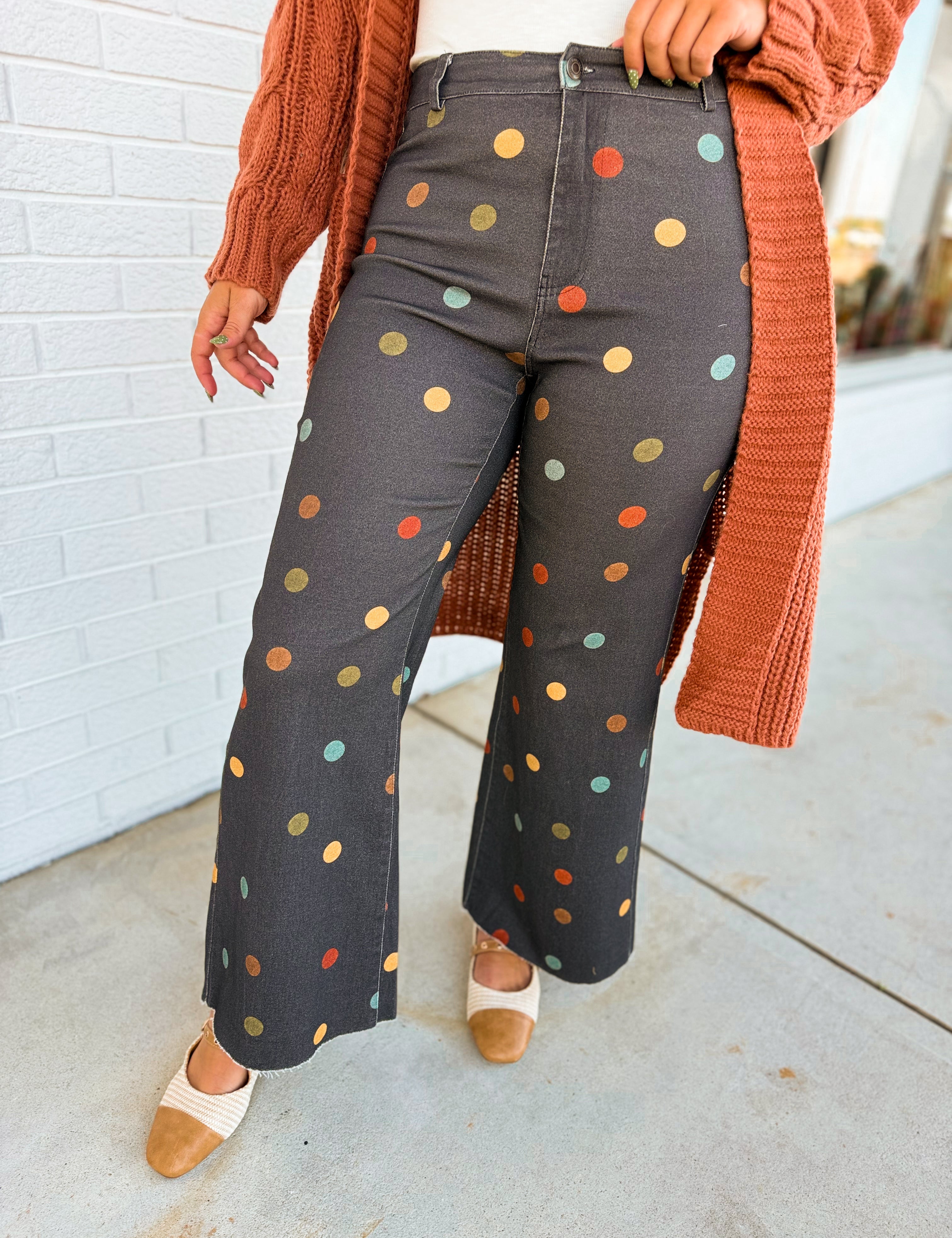 Pastel Polka Dot Cropped Wide Leg Jean - Charcoal Multi - Lace and Grace Boutique