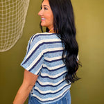 Striped Textured Crop Knit Tweed Top - Blue Combo - Lace and Grace Boutique