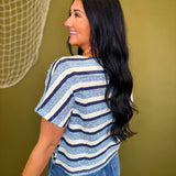 Striped Textured Crop Knit Tweed Top - Blue Combo - Lace and Grace Boutique
