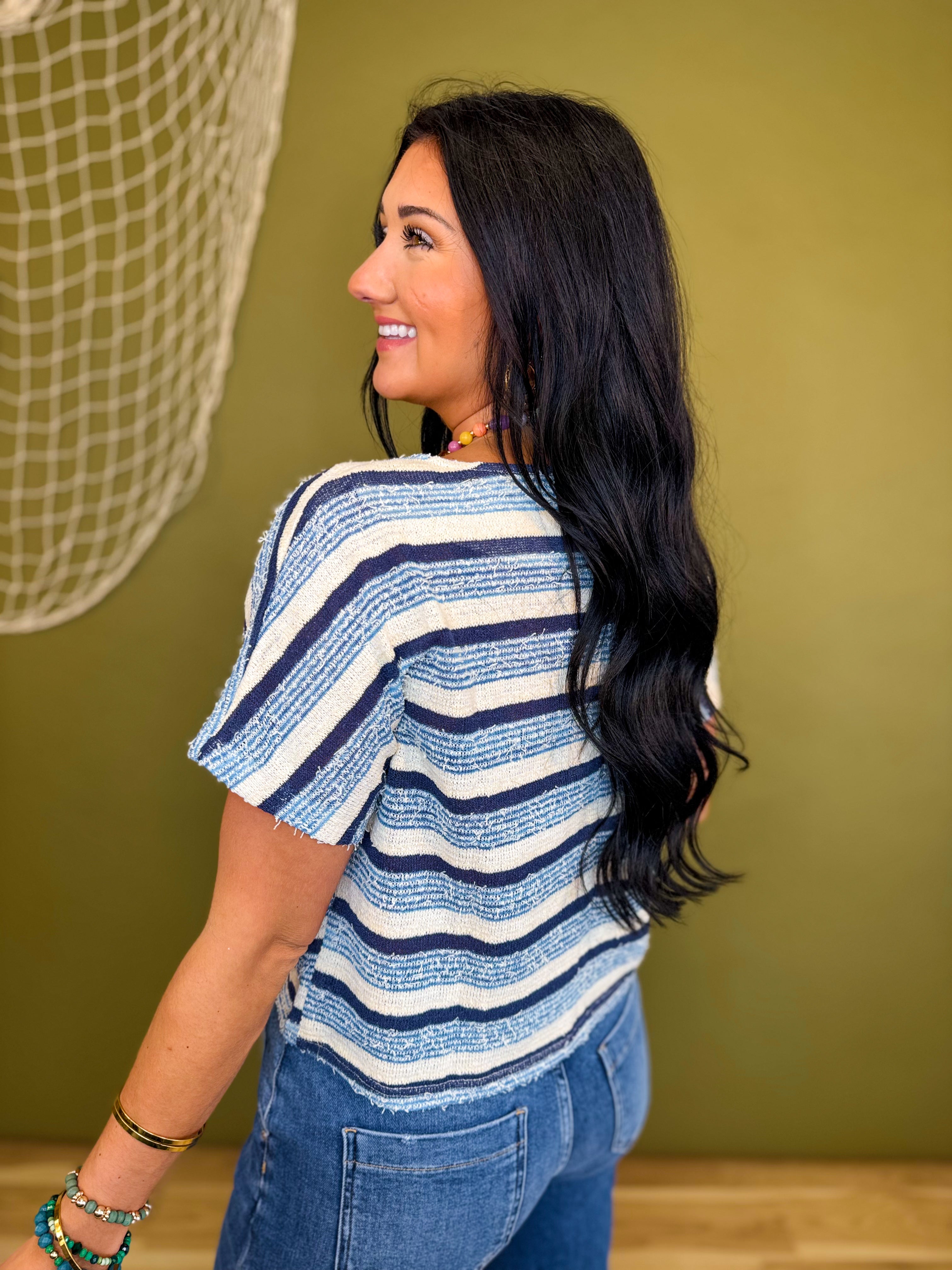 Striped Textured Crop Knit Tweed Top - Blue Combo - Lace and Grace Boutique
