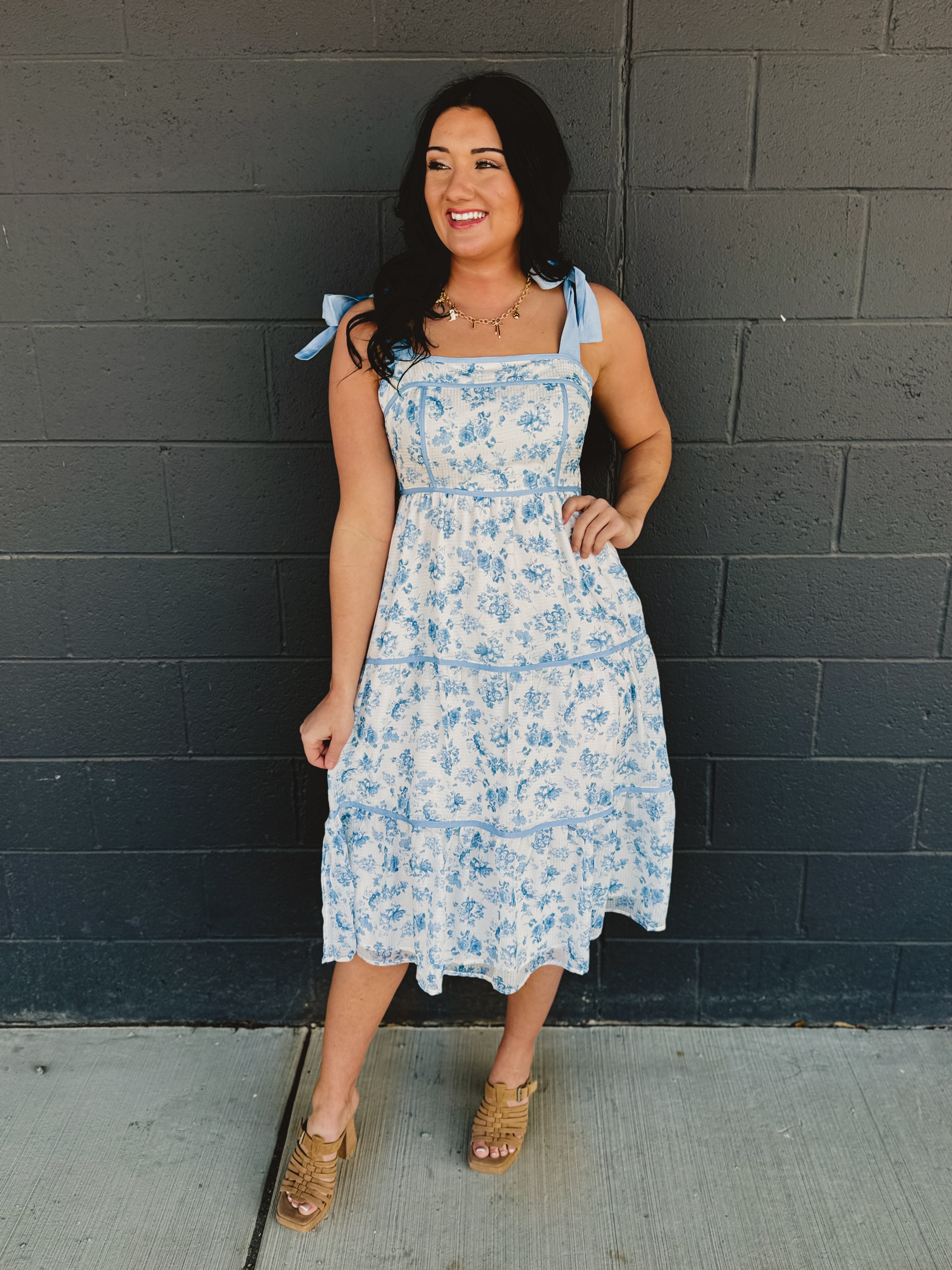 Floral Print Contrast Detail Midi Dress - Light Blue - Lace and Grace Boutique