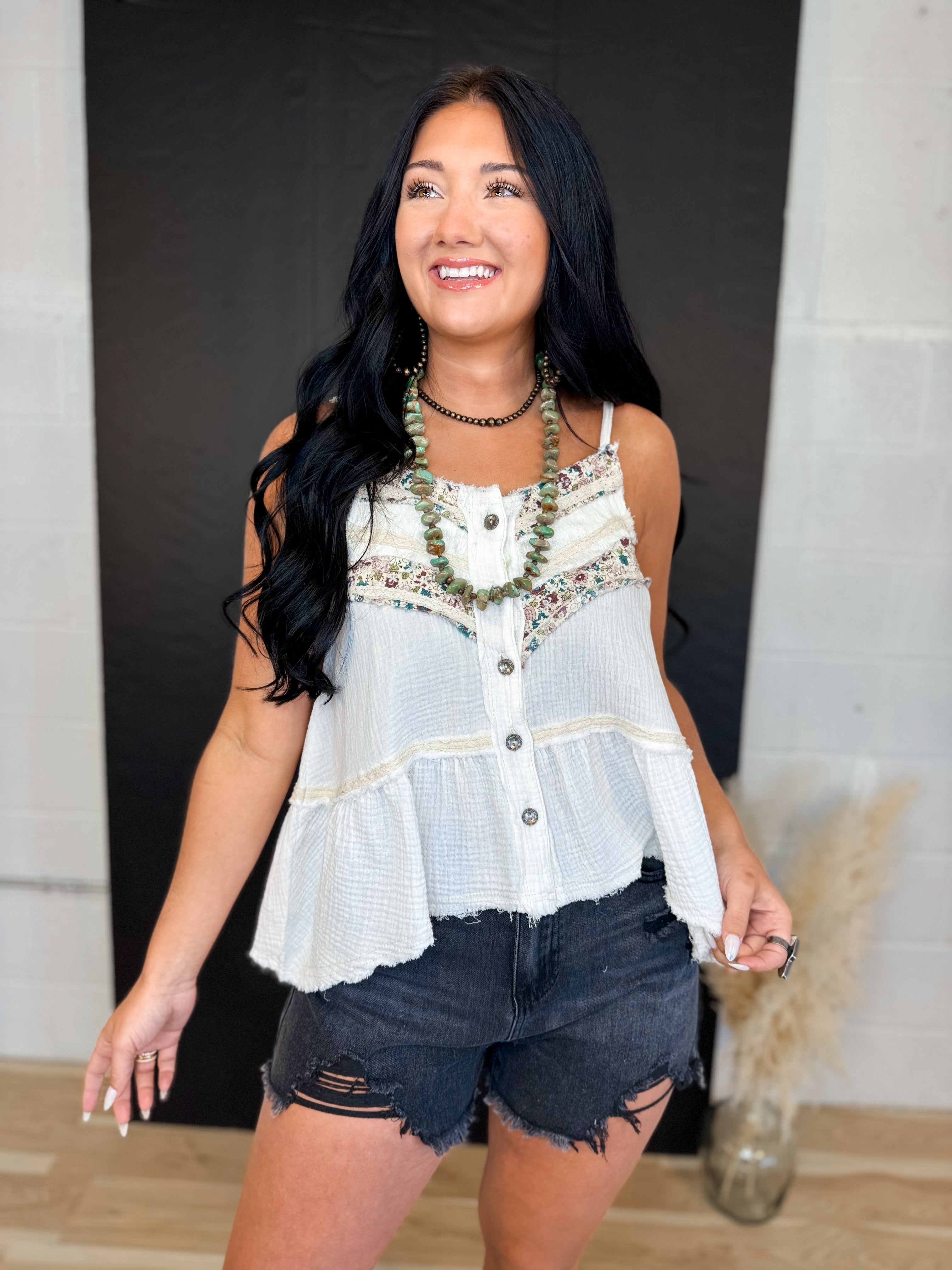POL Floral Lace Patch Vintage Tank Top - Off White - Lace and Grace Boutique