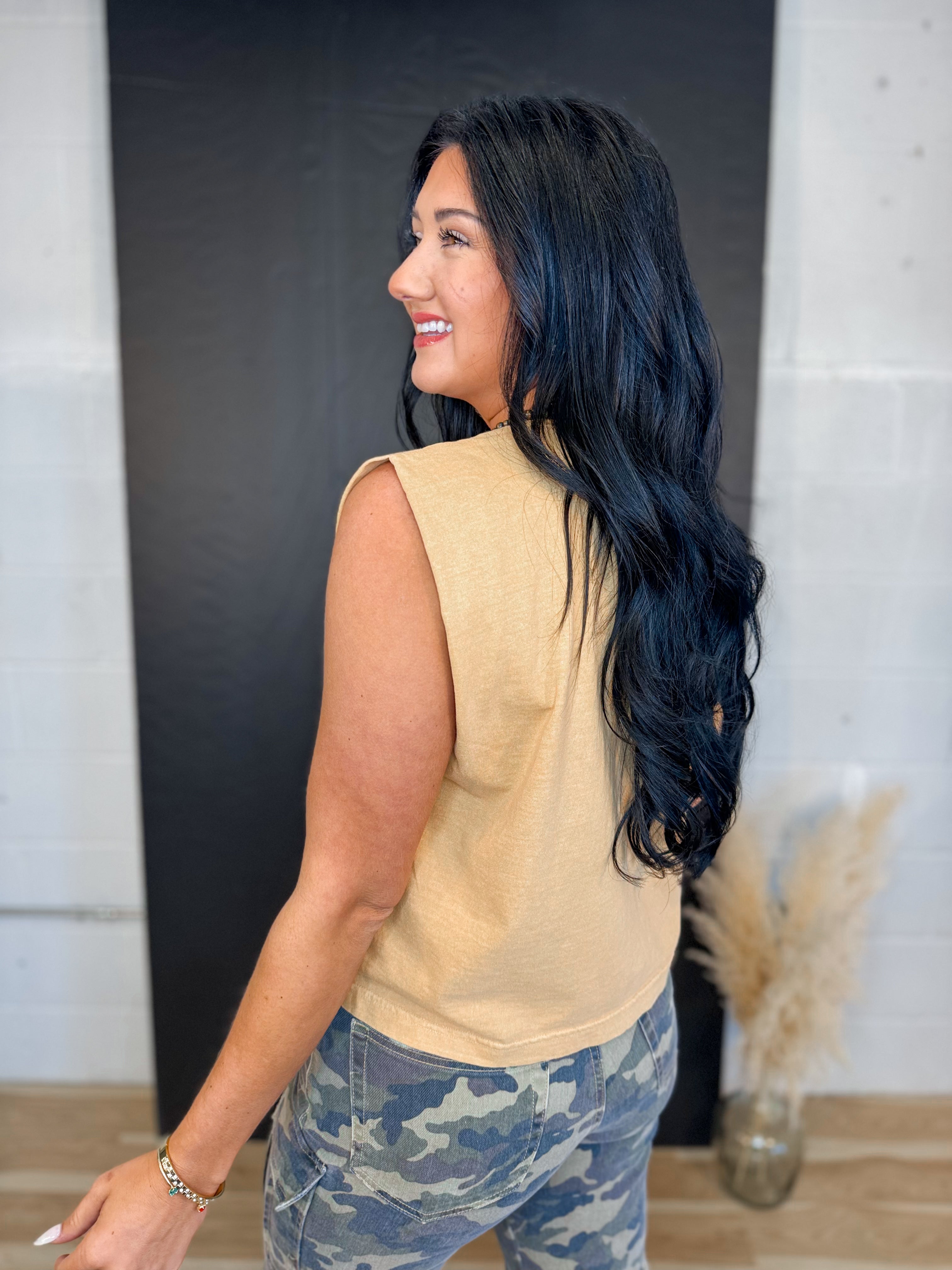 Good Bye Earl Graphic Muscle Tank - Faded Mustard - Lace and Grace Boutique