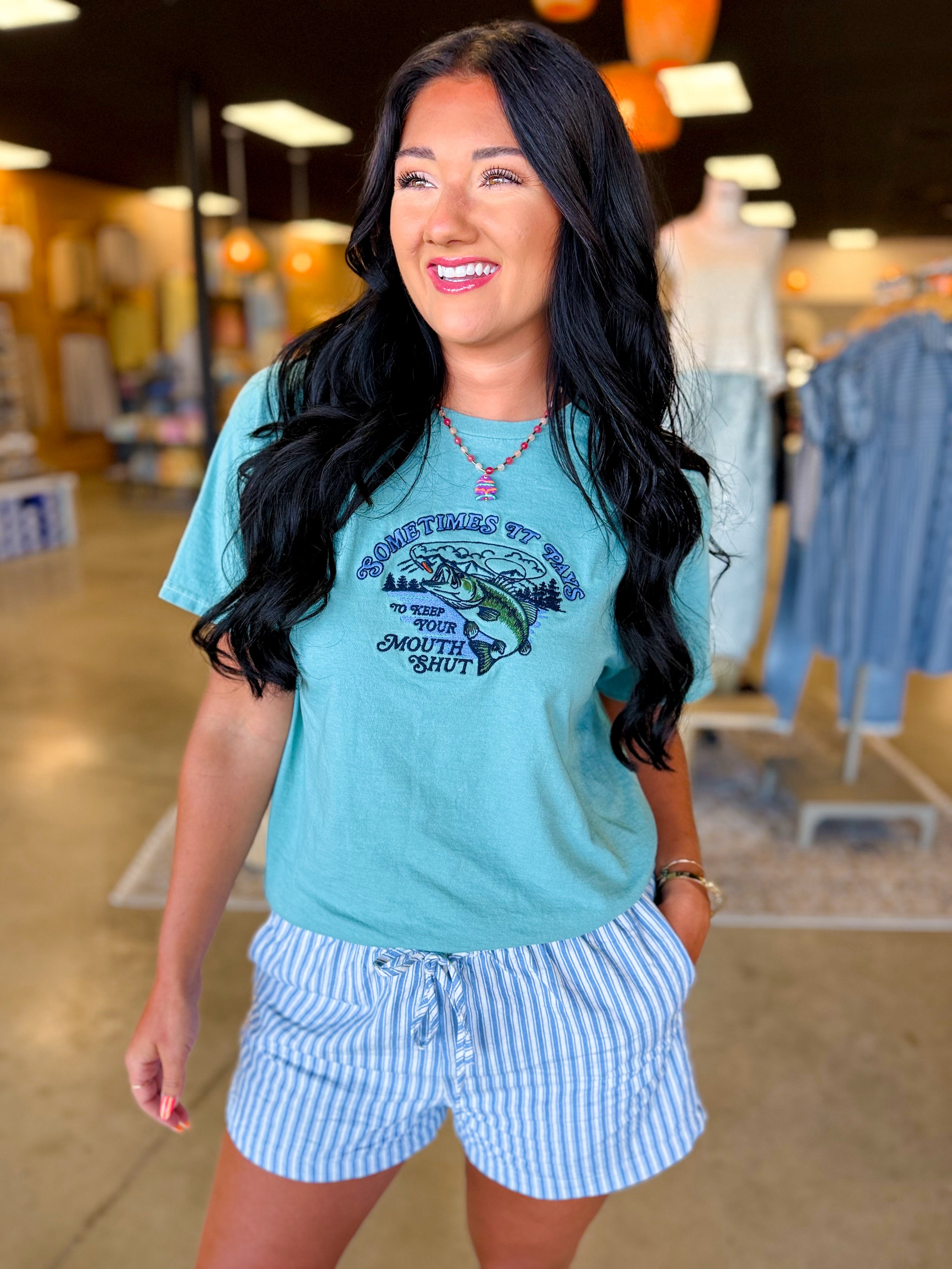 Embroidered Bass Fish Graphic Tee - Teal - Lace and Grace Boutique