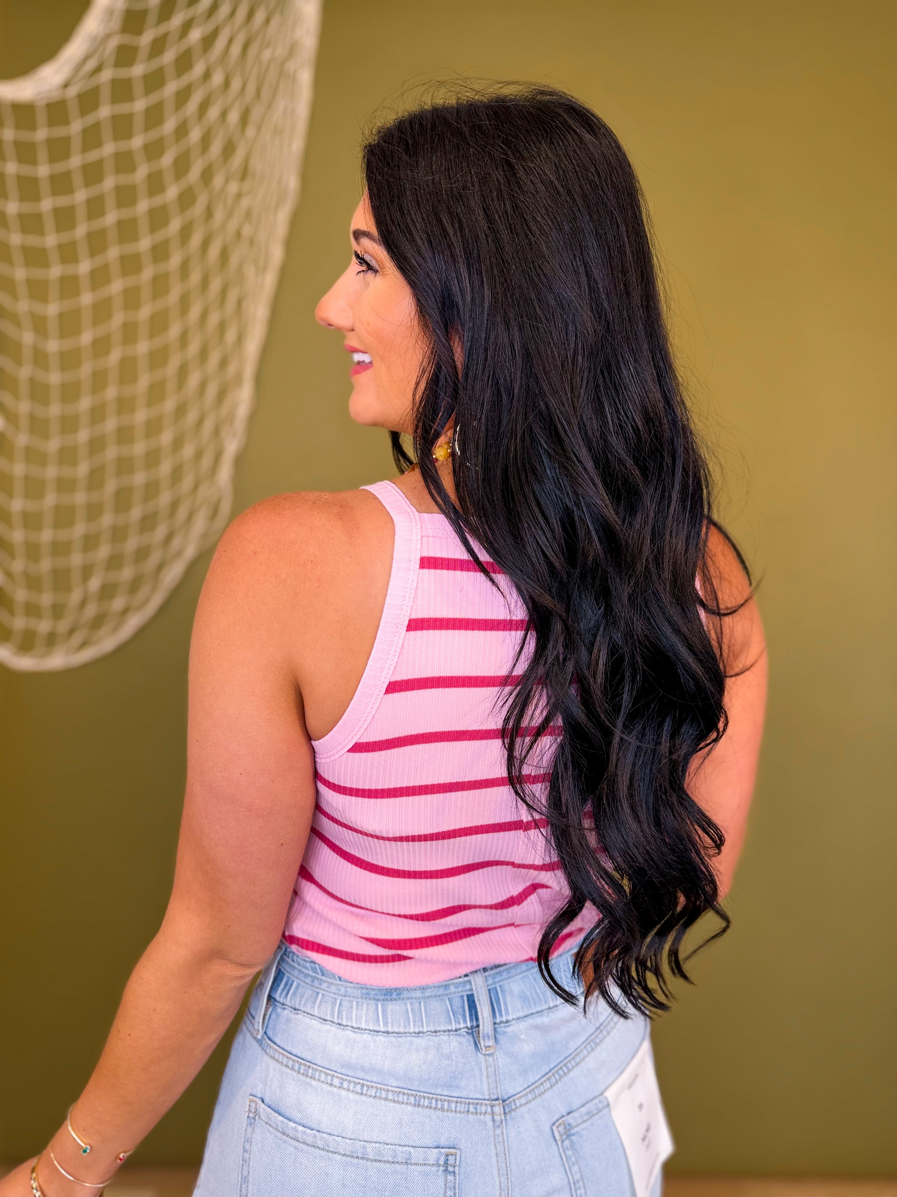 Striped High Neck Knit Tank Top - Blush/Mauve - Lace and Grace Boutique
