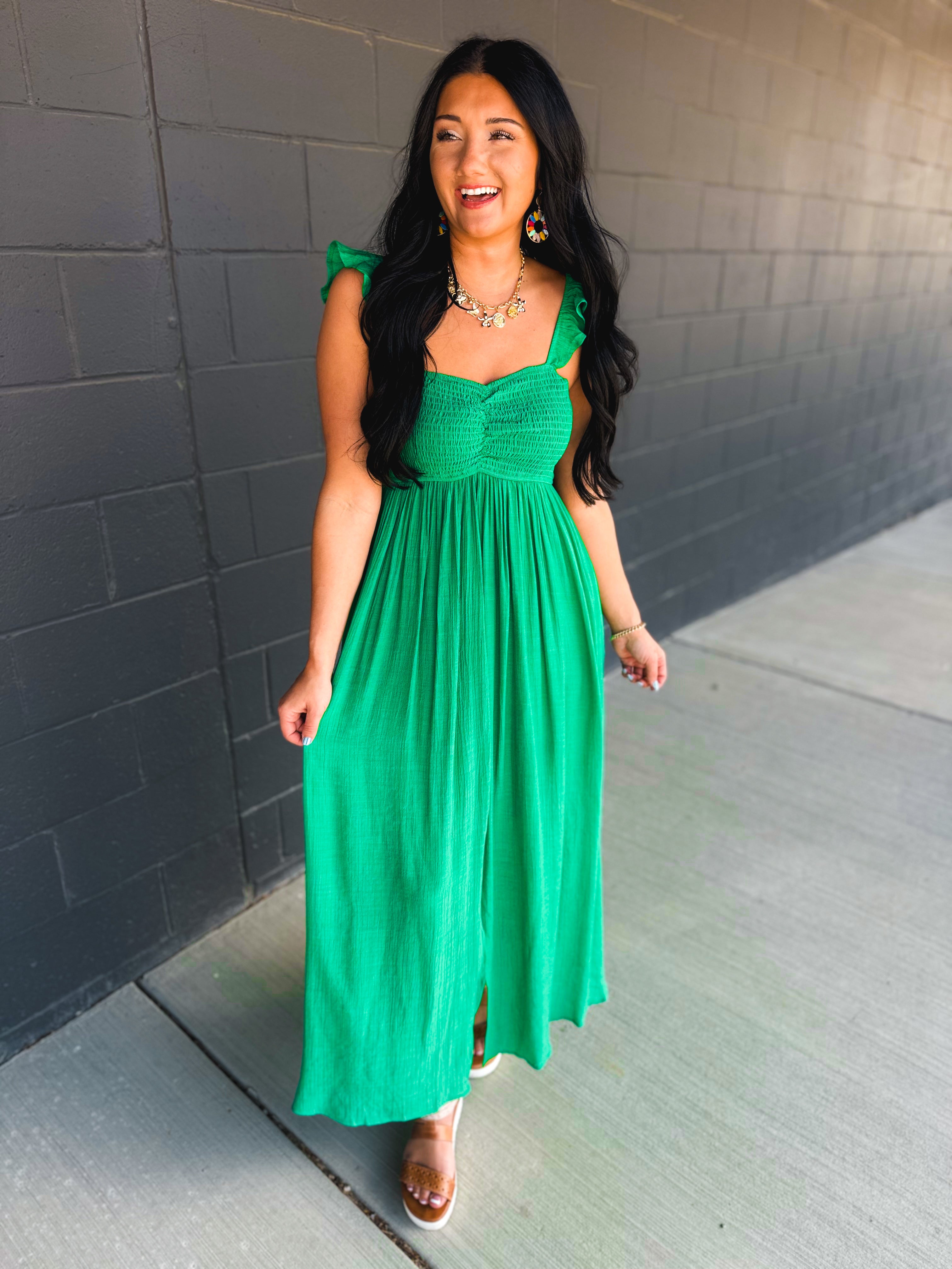 Ruffle Sleeve Front Slit Maxi Dress - Green - Lace and Grace Boutique