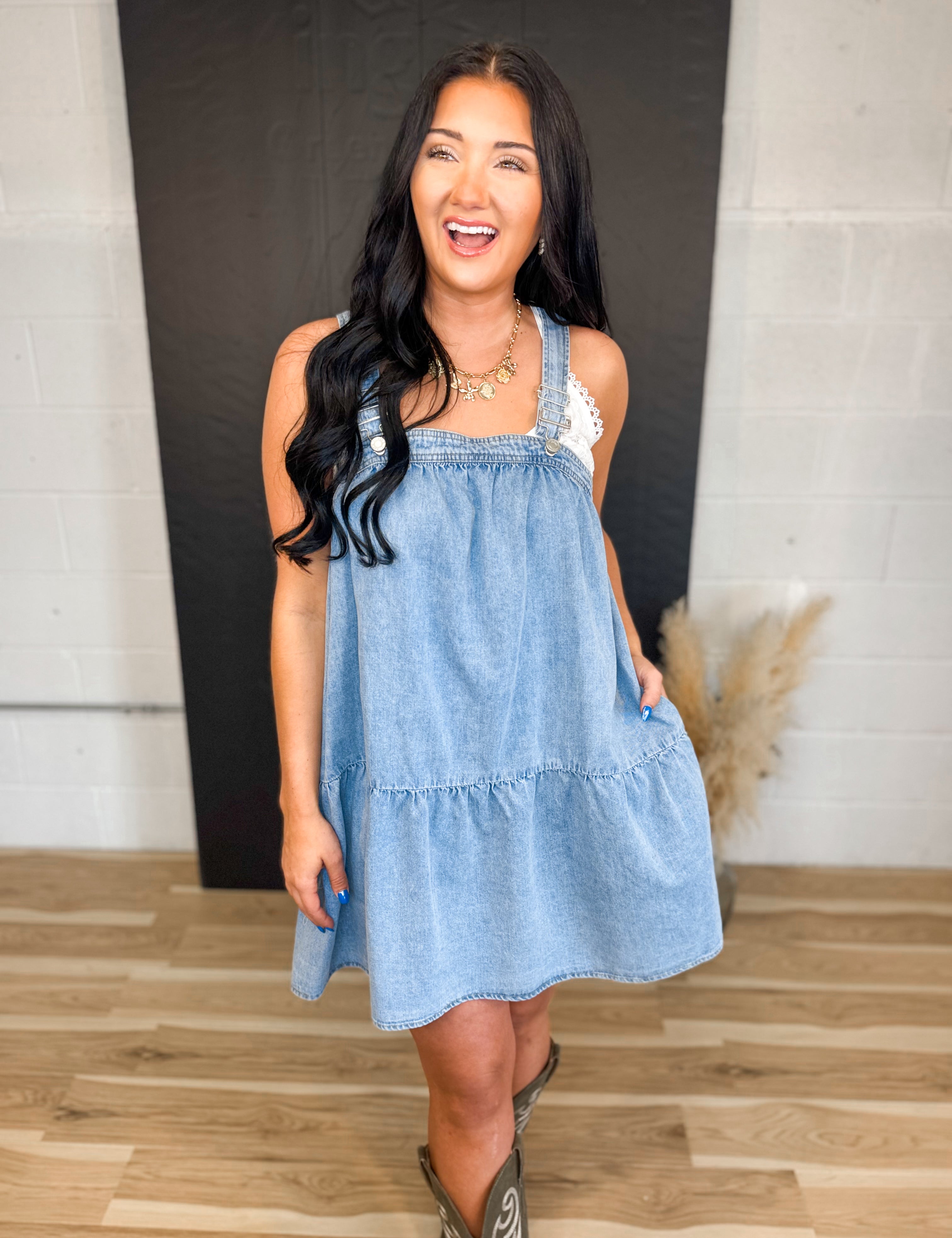 Tiered Overall Denim Dress - Dusty Blue