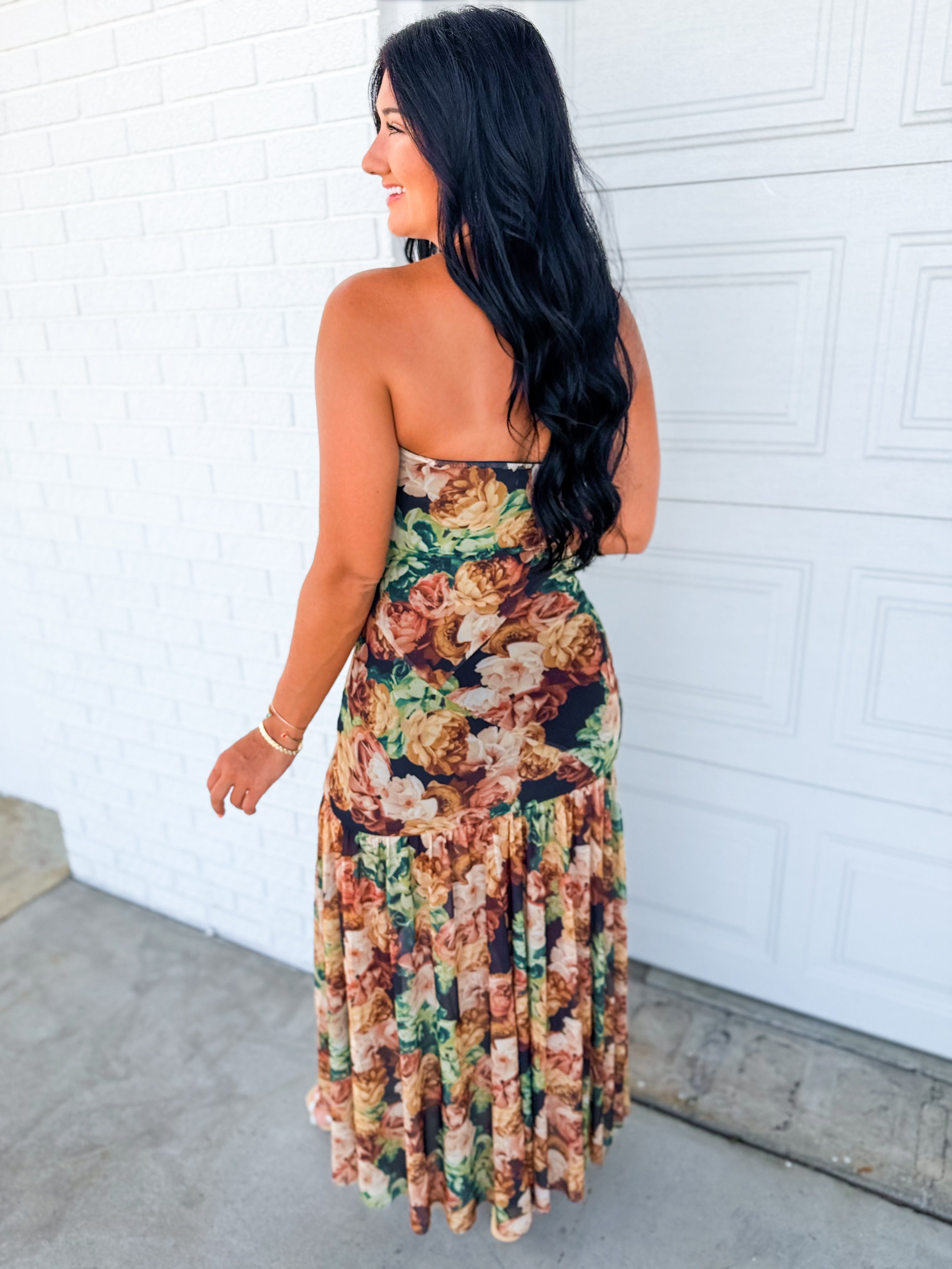 Floral Mesh Strapless Asymmetrical Maxi Dress - Black - Lace and Grace Boutique