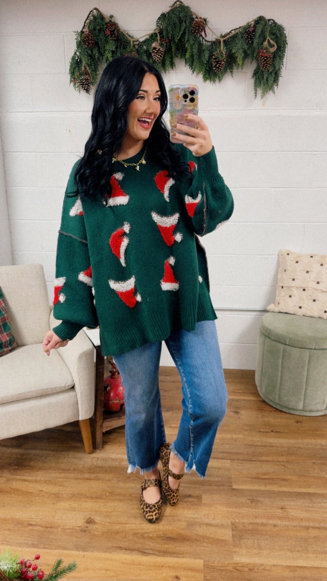 Santa Hat Exposed Seam Knit Sweater - Green - Lace and Grace Boutique