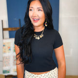 Ribbed Relaxed Crop Knit Tee - Black - Lace and Grace Boutique