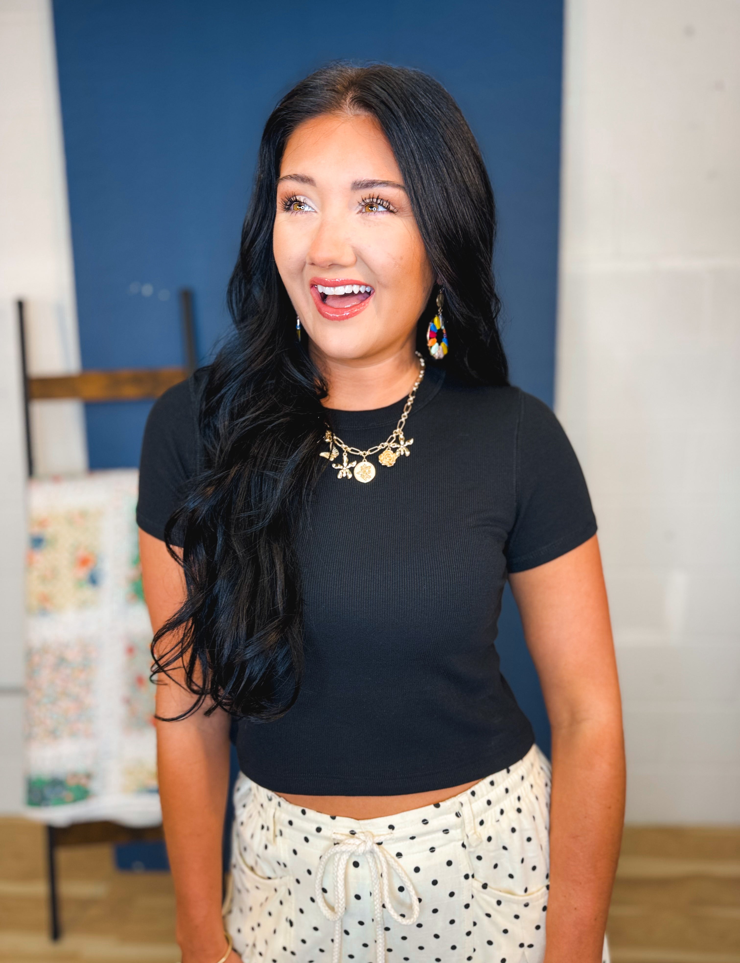 Ribbed Relaxed Crop Knit Tee - Black - Lace and Grace Boutique