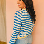 Wavy Striped Contrast Sweater Cardigan - Blue/White - Lace and Grace Boutique