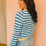 Wavy Striped Contrast Sweater Cardigan - Blue/White - Lace and Grace Boutique